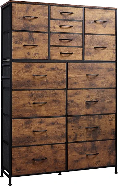 WLIVE Tall Console Table with 16 Fabric Drawers, Entryway Table with Storage, Large Storage Organizer with Wood Top, Steel Frame for Living Room, Hallway, Office, Rustic Brown