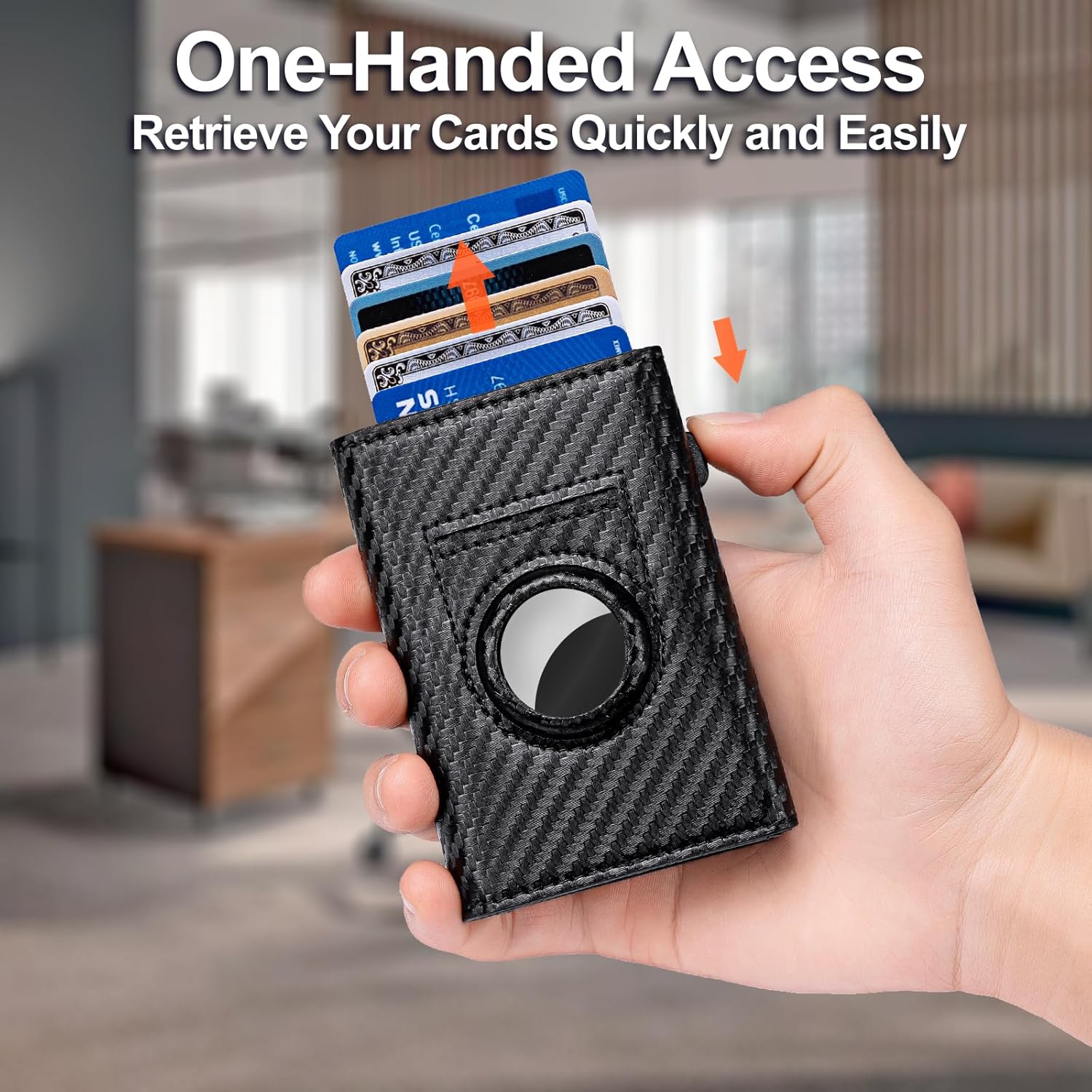 Men's RFID Blocking Smart Wallet Genuine Leather AirTag Compatible Pop-Up Card Case 9-14 Capacity with ID Window Brown (Carbon Fiber Black)