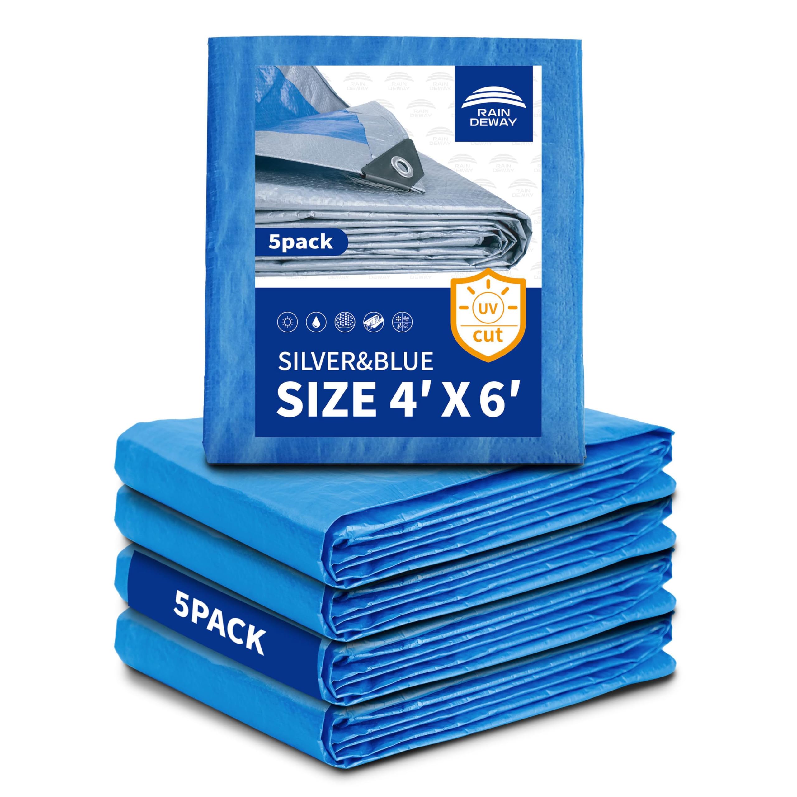 Small Tarps 4x6 Feet (5 Pack), 5.5 Mil Thick, Multipurpose Waterproof Poly Tarp Cover with Metal Grommets and Reinforced Edges, Silver/Blue Tarp by RAINDEWAY