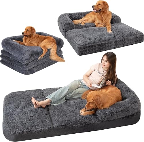 Sofá cama plegable para perros humanos, 73 x 42 x 10 pulgadas, cama ortopédica para mascotas de piel sintética con colchón de espuma de huevo, cama