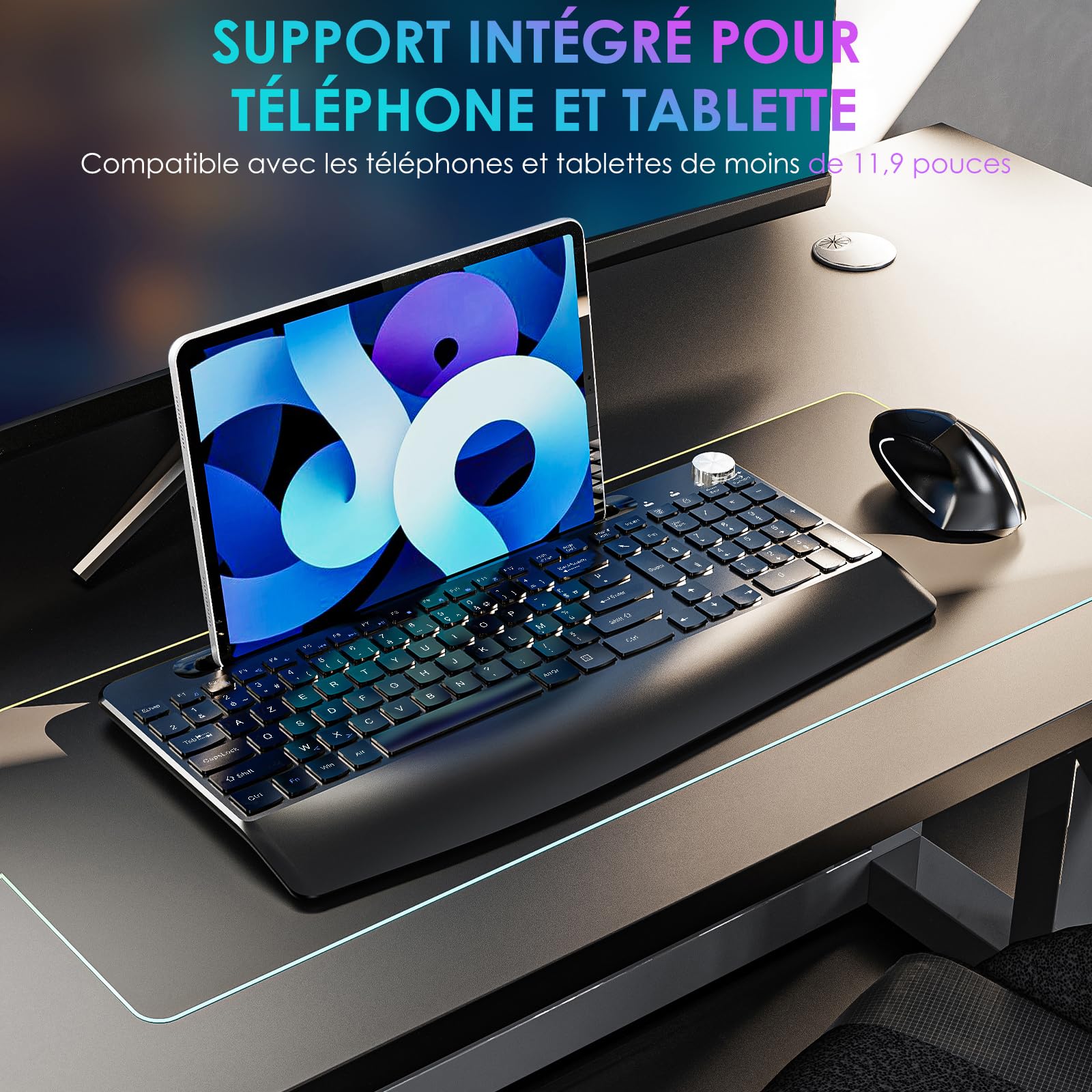 Clavier Ergonomique Pleine Taille et Souris Verticale sans Fil 2,4 GHz avec Support pour tablettes, Repos-Poignet et Bouton de Volume, adapté aux Ordinateurs Portables Mac/PC et Chromebook