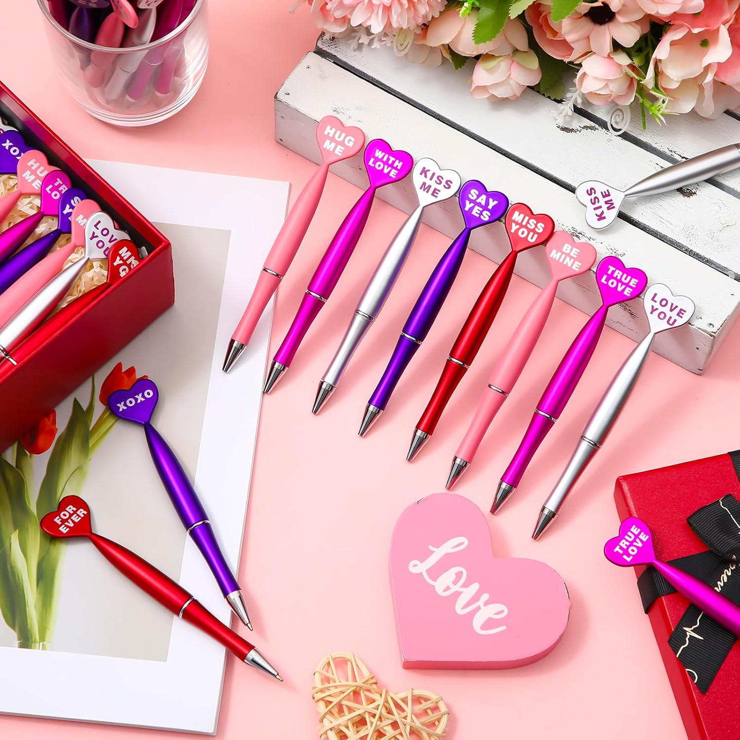 Yahenda 100 Pcs Valentines Day Pens Bulk Heart Shaped Pens Multicolor Heart Ballpoint Writing Tools Black Ink 1.0 mm Gifts for Valentines Office School Party Favor Supplies(5 Color,Word)