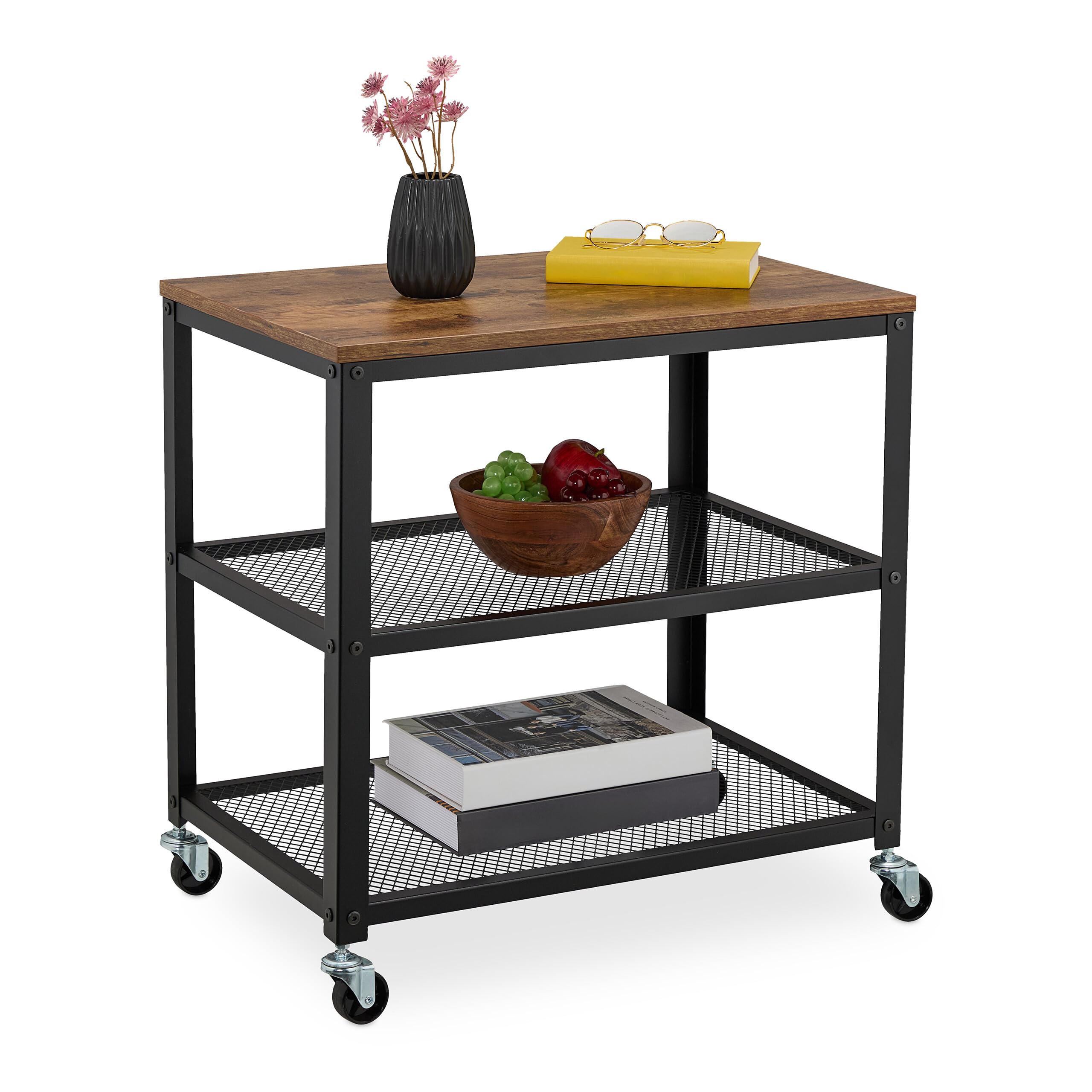 Relaxdays Rollwagen | Servierwagen mit 3 Ablagen, Industrial Design, HBT 61x60x40 cm, Stahl & MDF, schwarz/braun