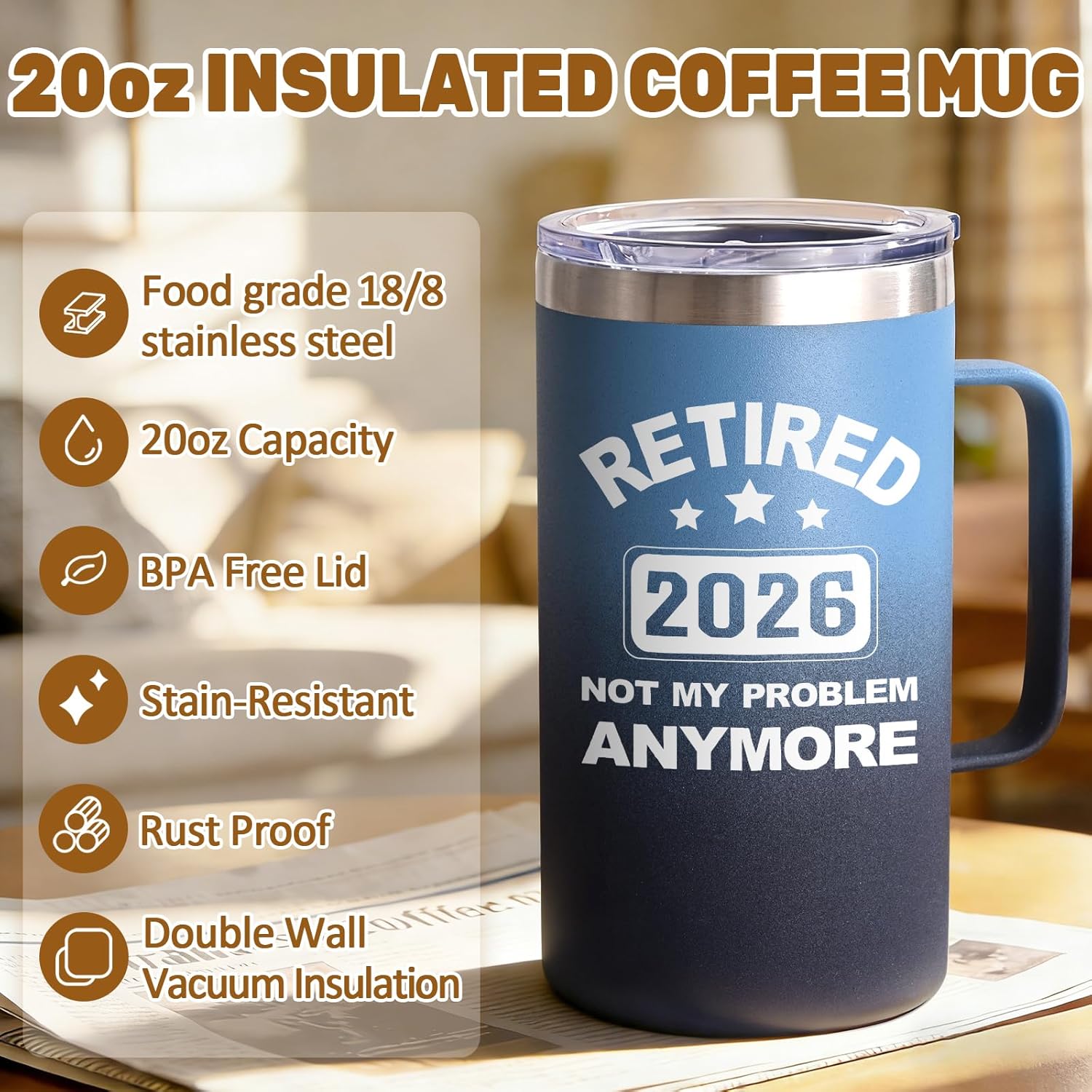 Qtencas Retirement Gifts for Men, Retired 2026 Not My Problem Anymore 20 Oz Insulated Coffee Mug, Retirement Gifts for Men Father Coworkers Friends, 2026 Teacher Retired Gift, Gradient - Image 5