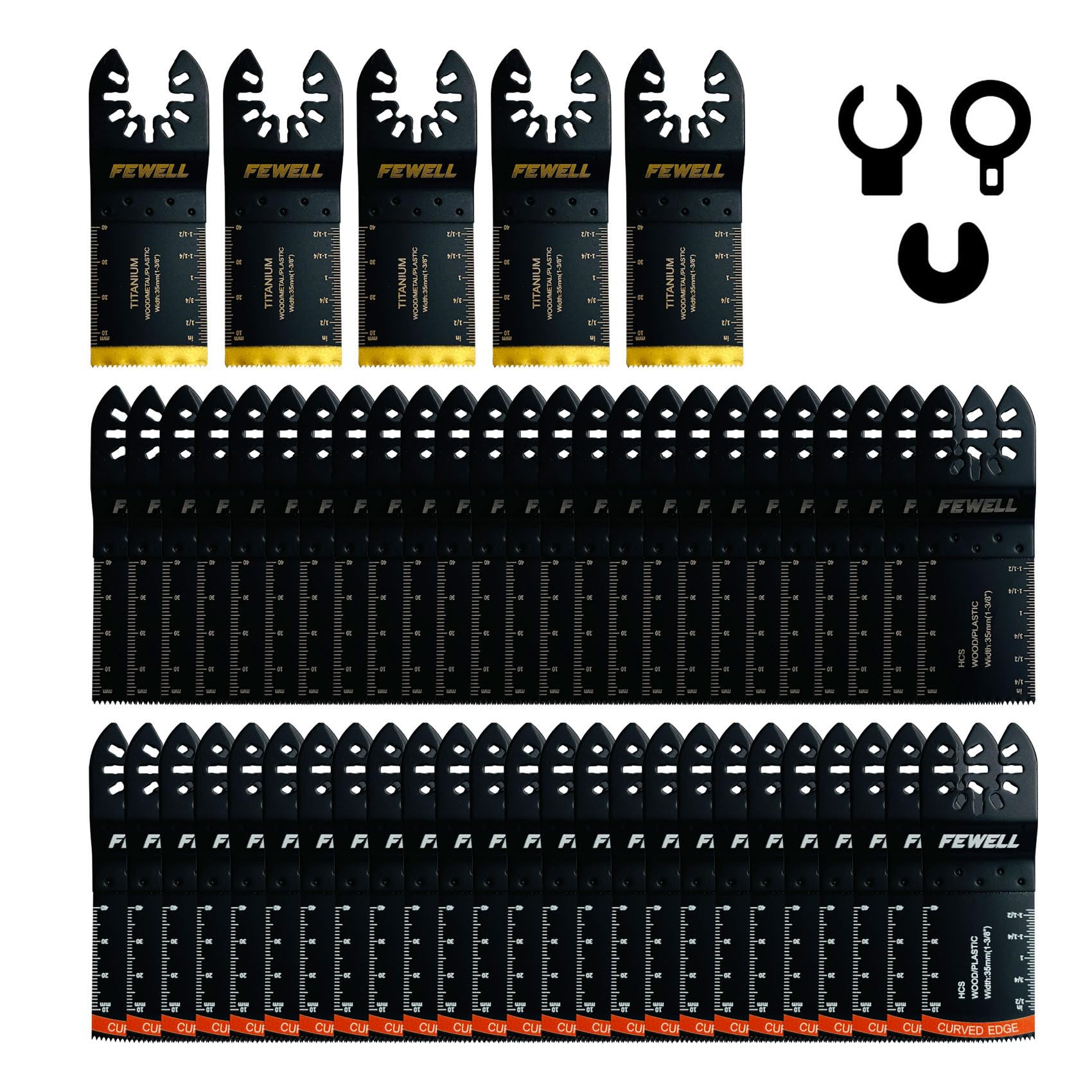 FEWELL 55PCS Oscillating Saw Blades, Universal Titanium Multitool Blades for Hard Materials, Metal, Wood, Plastic, Nails,Curved Edge Oscillating Saw