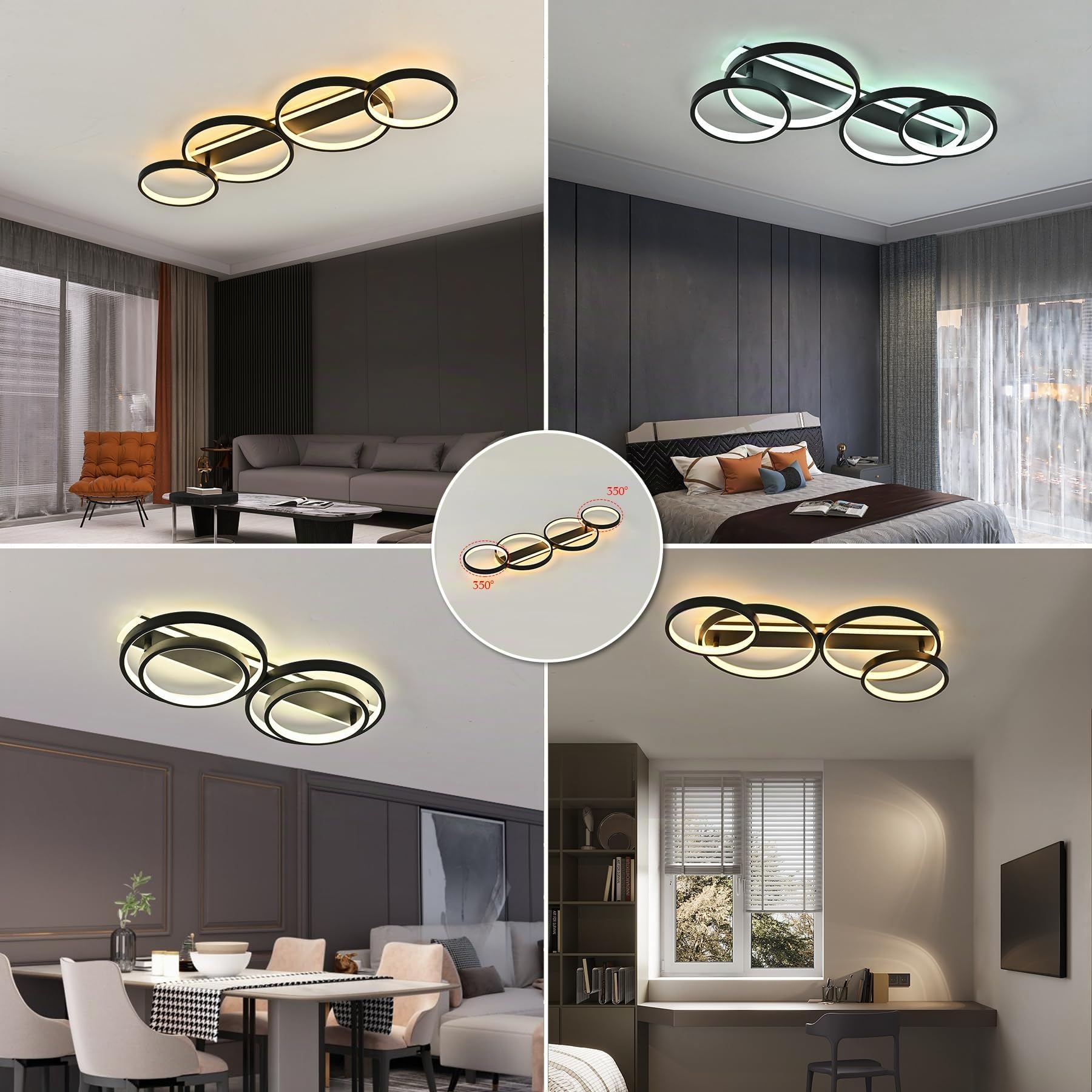 LED Deckenlampe,Einstellbar Ringform Wohnzimmerlampe 4 Flammig mit unteres Glühen,60W Dimmbar Mit Fernbedienung Deckenleuchte,3000K-6000K Kronleuchter für Schlafzimmer Wohnzimmer Büro,Schwarze 86cm