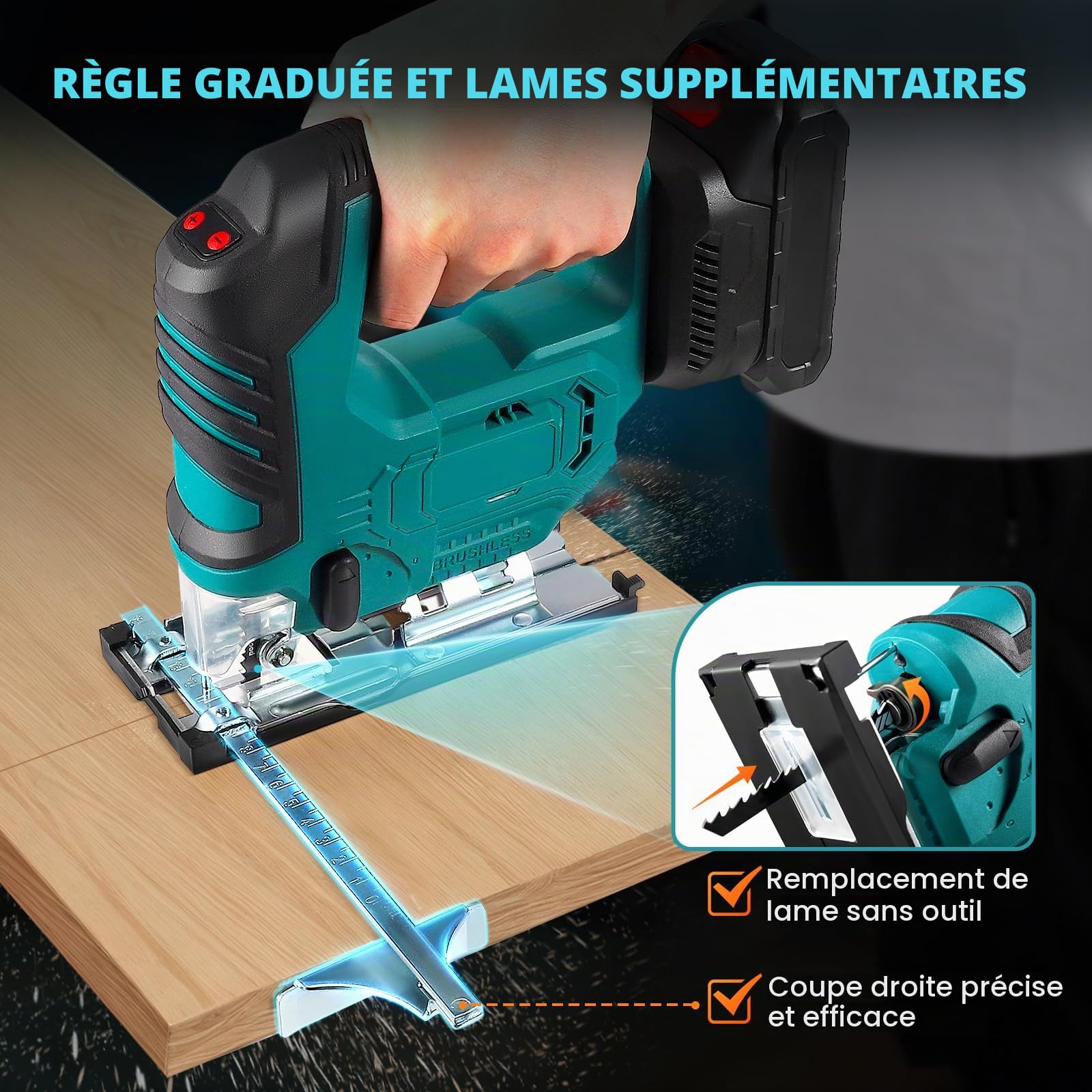 Scie sauteuse électrique avec 3 positions orbitales et coupes en biseau réglables à 45° Compatible avec les batteries 18 V pour la découpe du bois et du métal (Sans batterie)