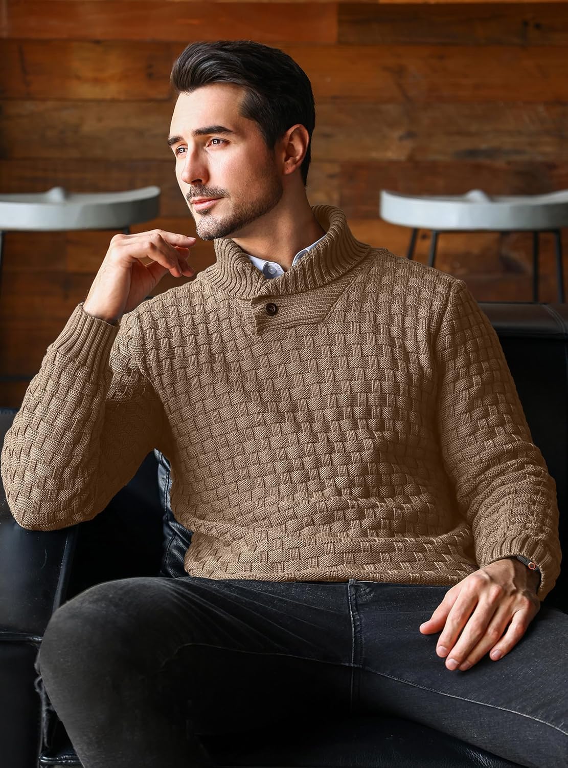 Mens Casual Pullover Fall Winter Turtleneck Cable Knit v Neck Fisherman Waffle Sweater - Image 2