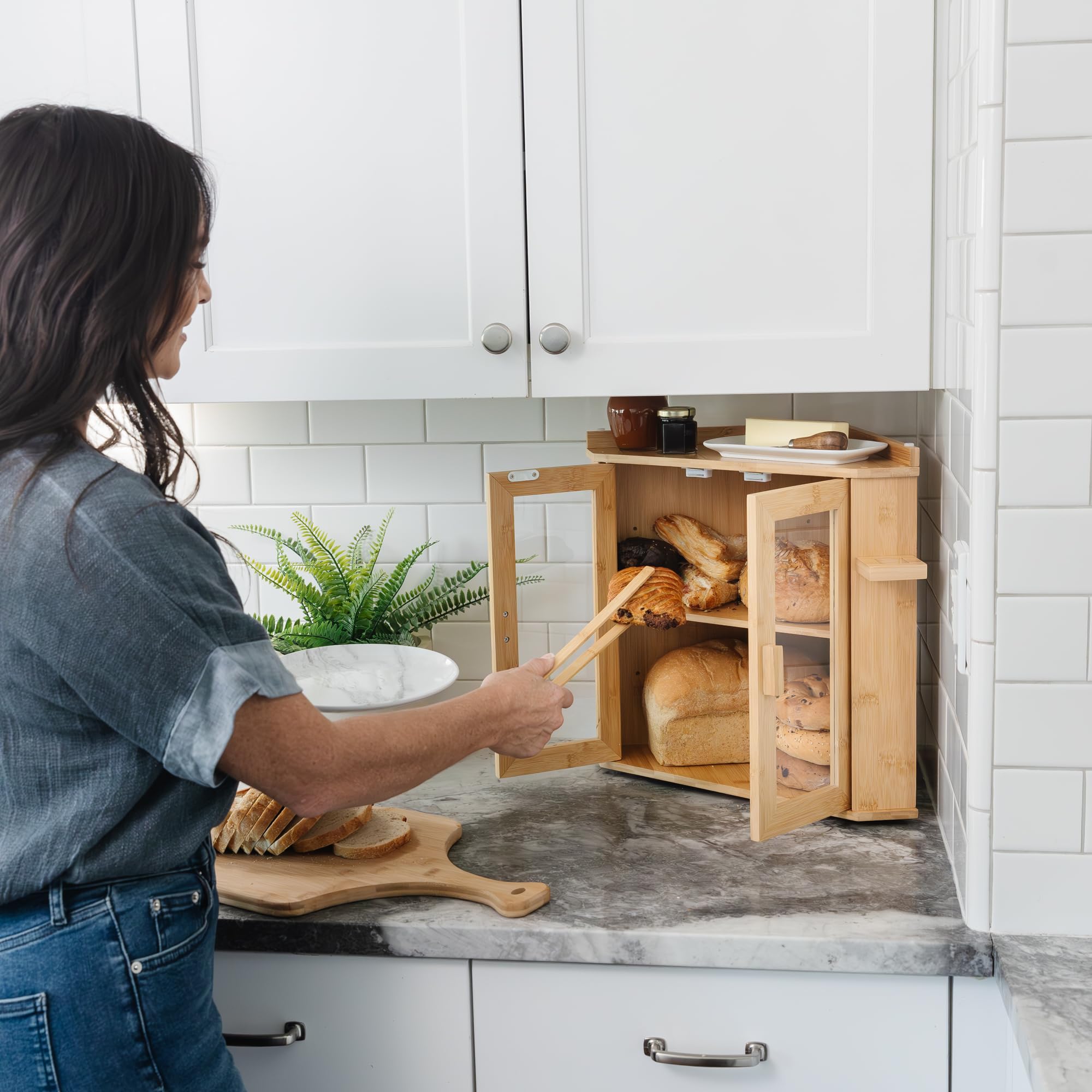 Corner Bread Box for Kitchen Countertop - Large Capacity Bread Holder for Kitchen Counter with Extra Storage Space on Top - Farmhouse Two-Shelf Bread Storage Bin Cabinet with Tongs - Natural Bamboo