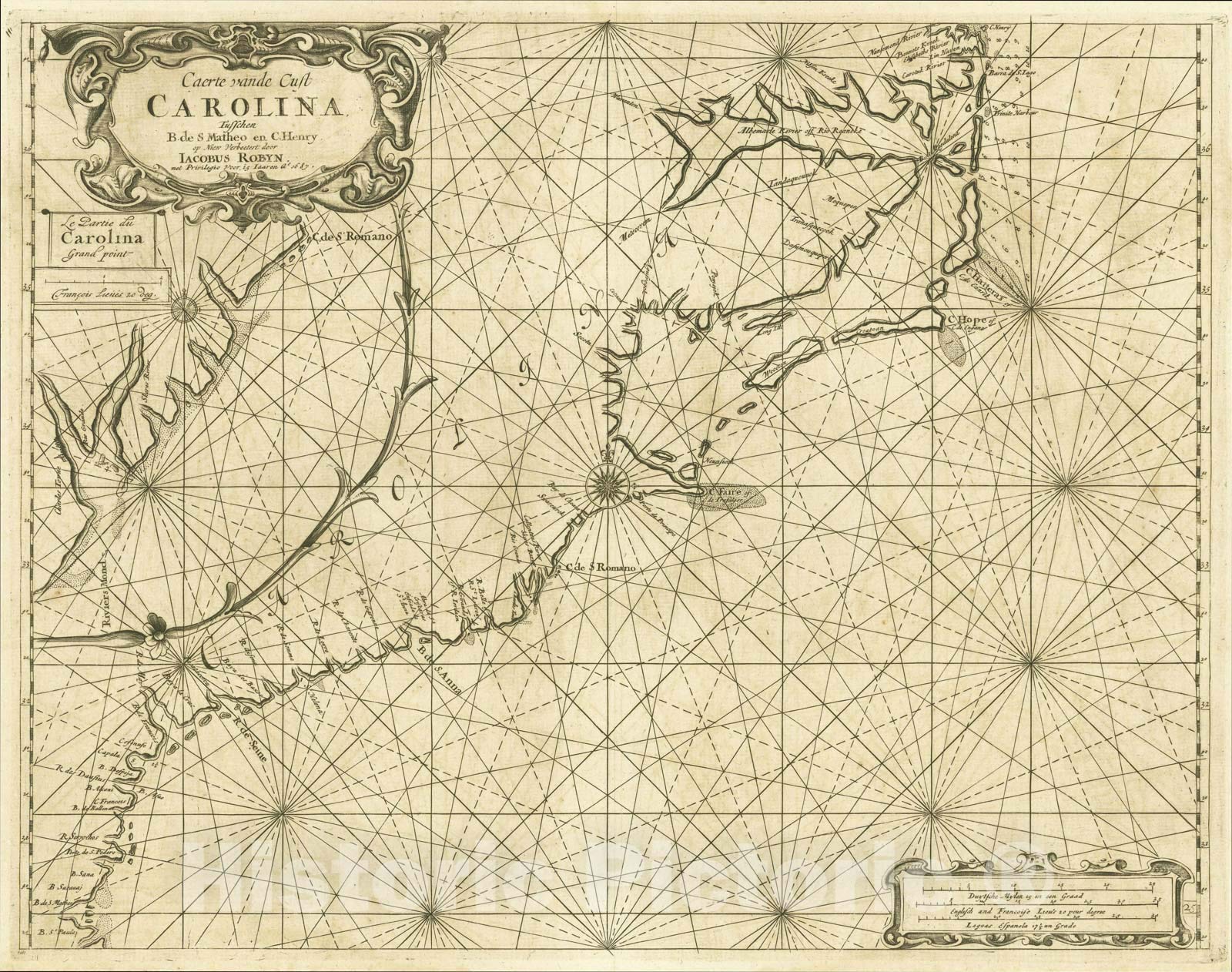 Historic Map : Caerte vande Cust Carolina Tusschen B. de S. Matheo en C. Henry, 1687, 1687, Jacobus Robijn, Vintage Wall Art : 56in x 44in