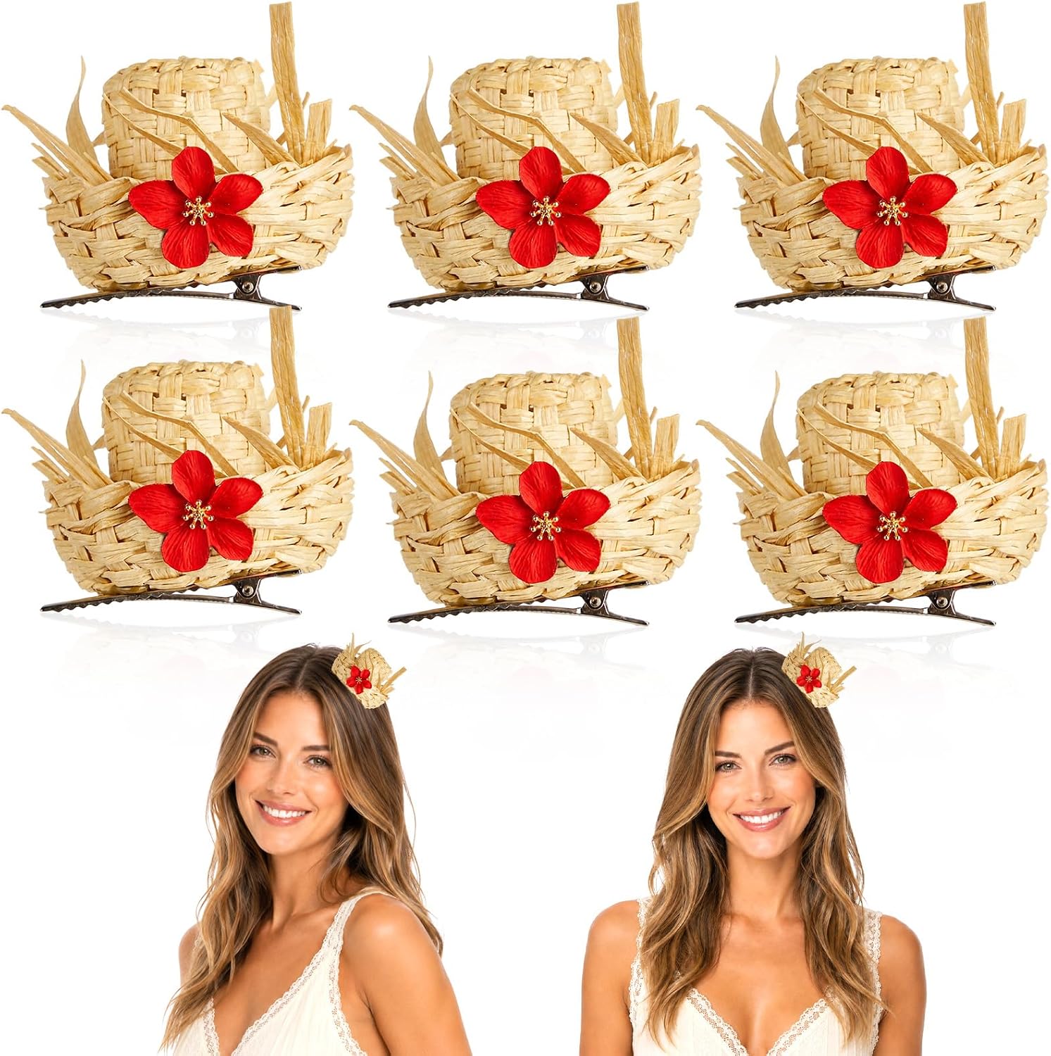 Pava Hat Puerto Rico Hair Clip Mini Straw Hairpin with Flower Scarecrow Costume Accessory Luau Hair Decoration for Beach