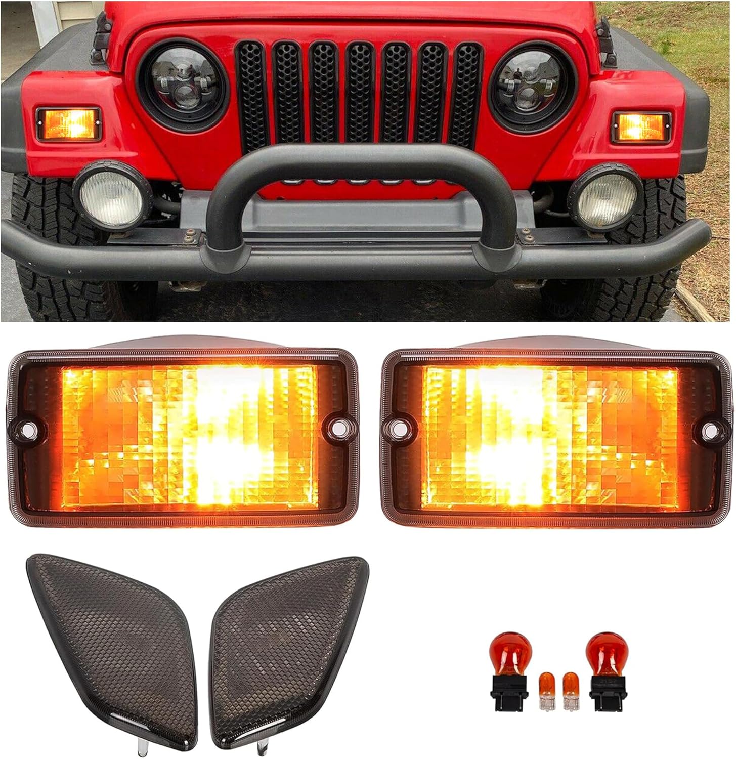 ECOTRIC Side Marker & Signal Lights Compatible with 1997-2006 Jeep Wrangler TJ Chassis 4Pcs Smoke Lens Bumper Turn Signal + Fender Side Marker Lamp Replacement for 55155628AC 55156489AB