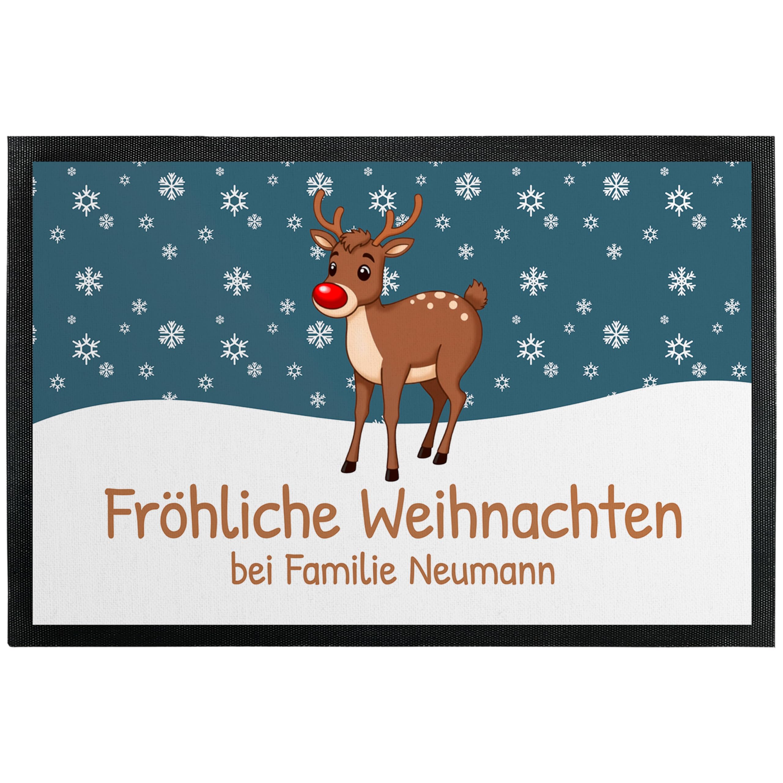 Fußmatte „Fröhliche Weihnachten“ mit Rentier-Motiv - für Innen & Außen – rutschfest, dünn & saugfähig - Türmatte - Eingangsbereich Deko - Geschenk für die Adventszeit oder zu Weihnachten, 60 x 90 cm