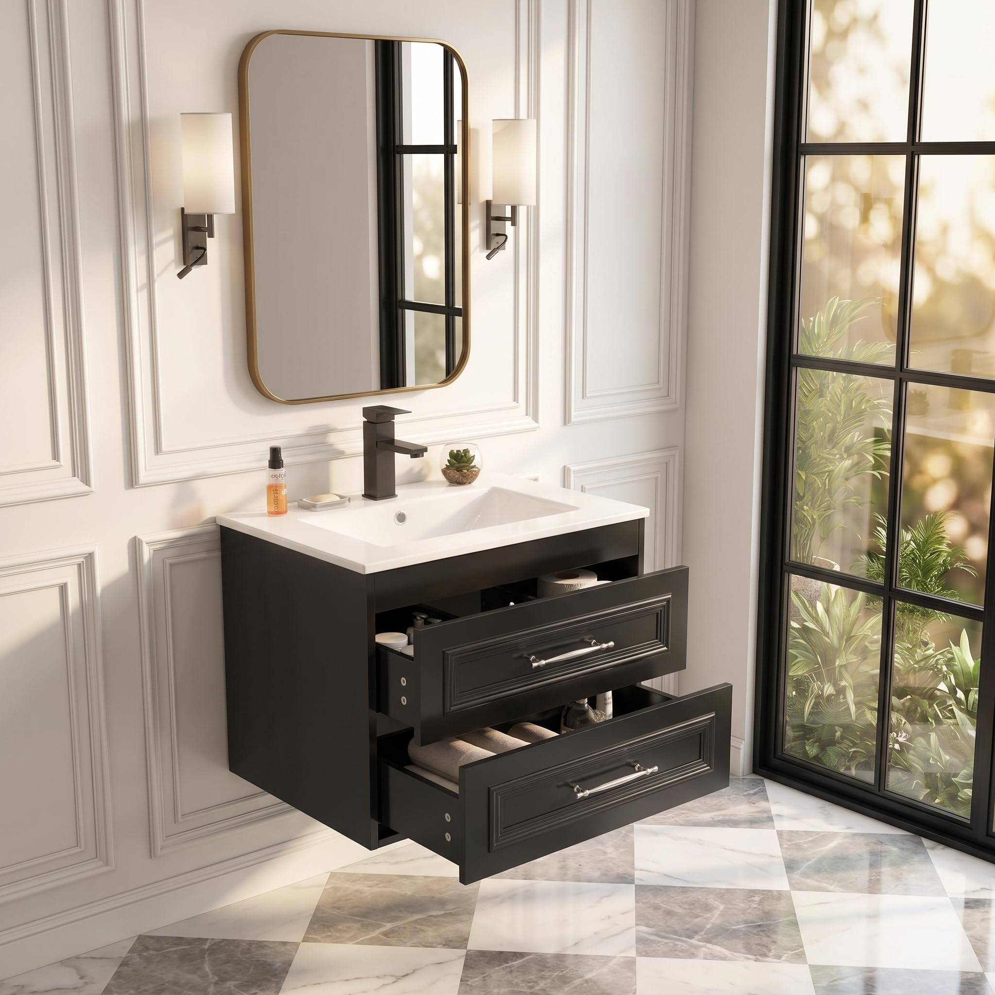 YU YUSING 60 cm Ensemble de Meuble de Salle de Bain Suspendu - Lavabo Céramique Blanc Incrusté, Robinet Noir, 2 Grands Tiroirs à Fermeture Douce, Design Moderne, Blanc et Noir, pour Espace Réduit