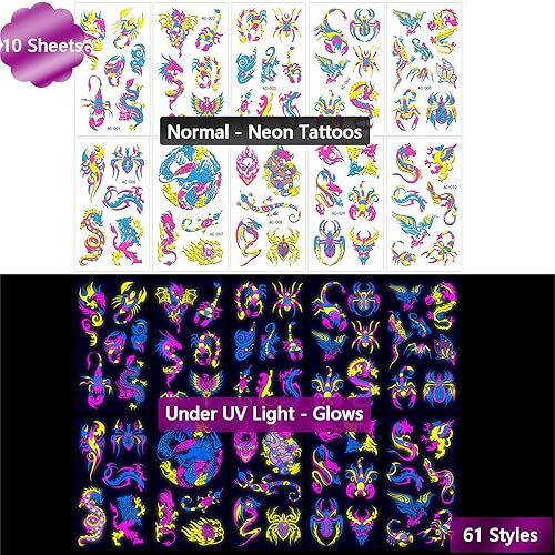 Miniatura 5 de Tatuajes temporales de neón que brillan en los rayos UV, calcomanías de tatuajes de neón 61 estilos de brillantina, dragón, escorpión, araña,
