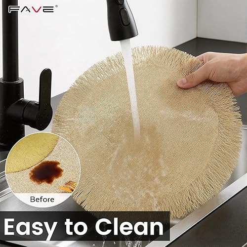 Miniatura 5 de FAVE Juego de 6 manteles individuales redondos de vinilo dorados, manteles individuales lavables calados con borlas para decoración de mesa, uso