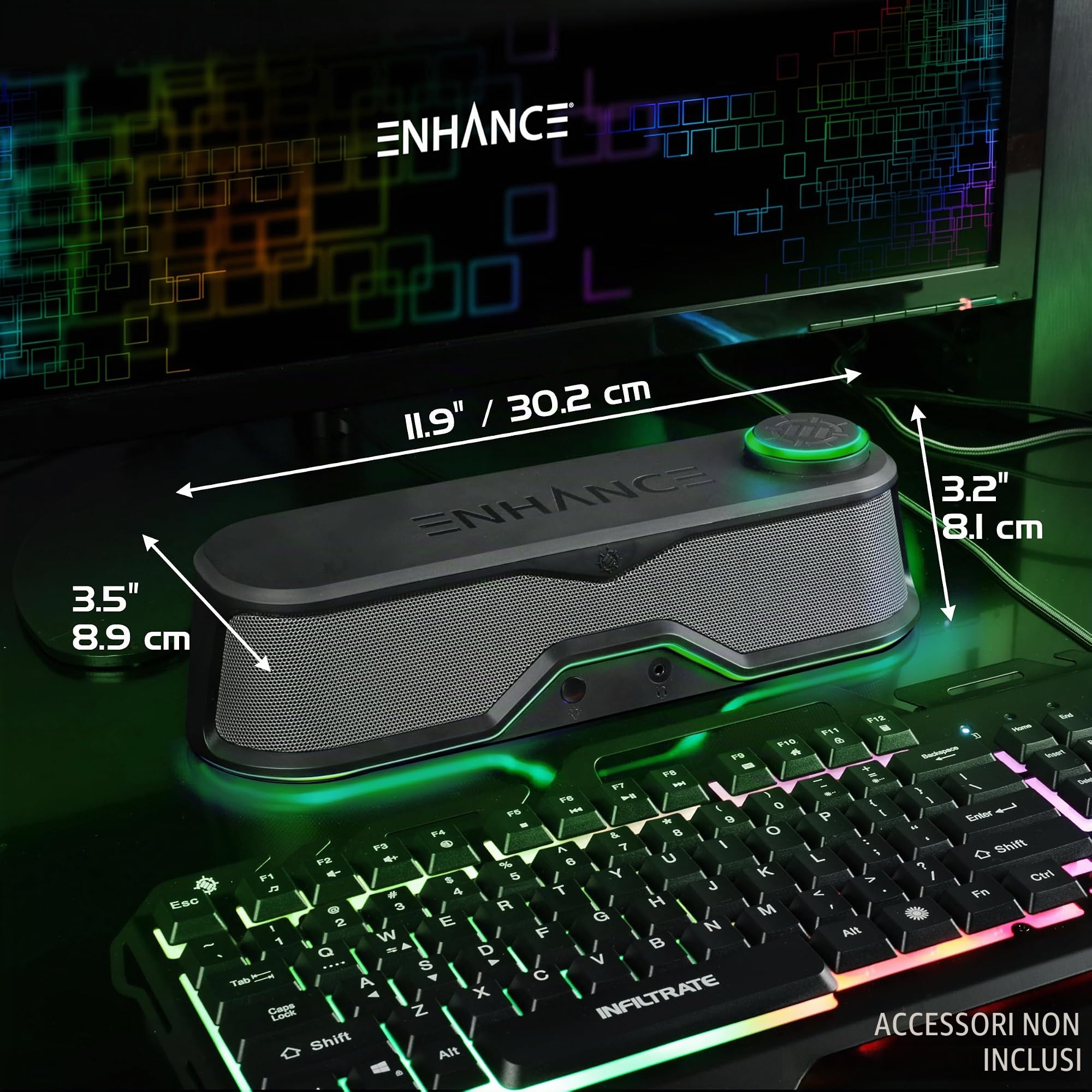 ENHANCE SB1 Altoparlante per Computer High Excursion - Soundbar USB con Picco da 10W, Controllo del Volume LED, Pass Through per Cuffie, Design Sotto Monitor - Audio Potente per PC e Laptop