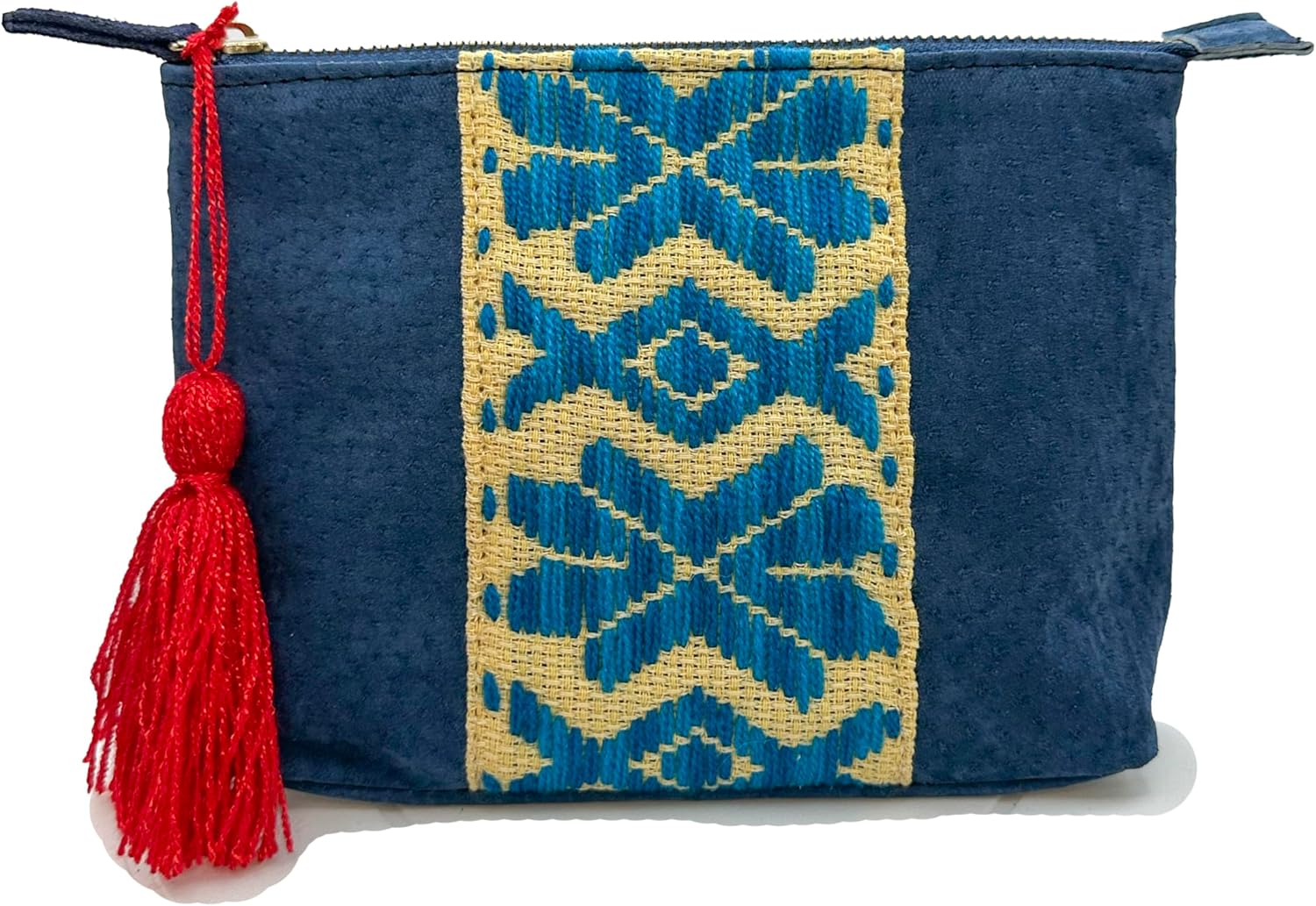 Makeup bag "Cecilia", made by Jühue Artesanal, artisan makeup bag made in Mexico, Blue makeup bag, Hand embroidery, Embroidered makeup bag, Mexican embroidery, Handmade, Bag for cosmetics.