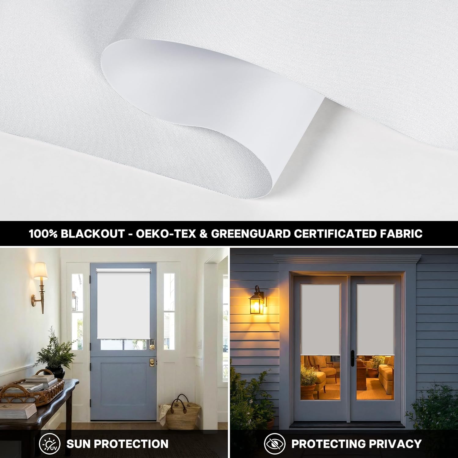 LazBlinds Cordless Roller Shades for French Doors, No Drill French Door Blinds for Privacy, Blackout Roll Up Shades for Front Door Sidelight Glass Door Patio, 30 5/8" W x 72" H, White