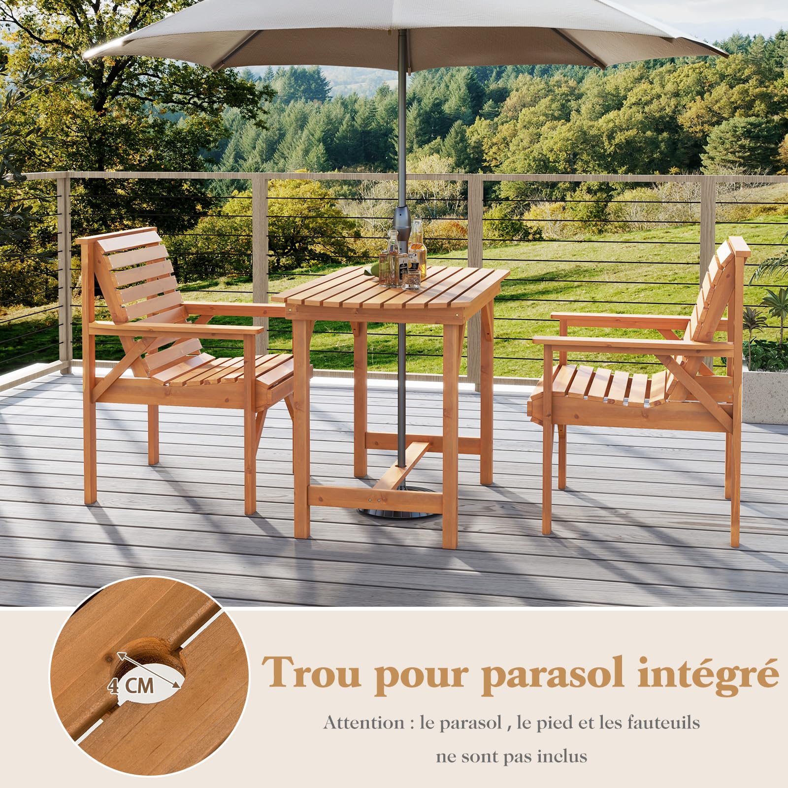 GOPLUS Table de Jardin en Bois de Sapin Massif 100X60X75 CM, Table de Salle à Manger Extérieure avec Trou de Parasol de 4 cm pour 4-6 Personnes, pour Pelouse, Patio, Jardin, Charge 180 KG