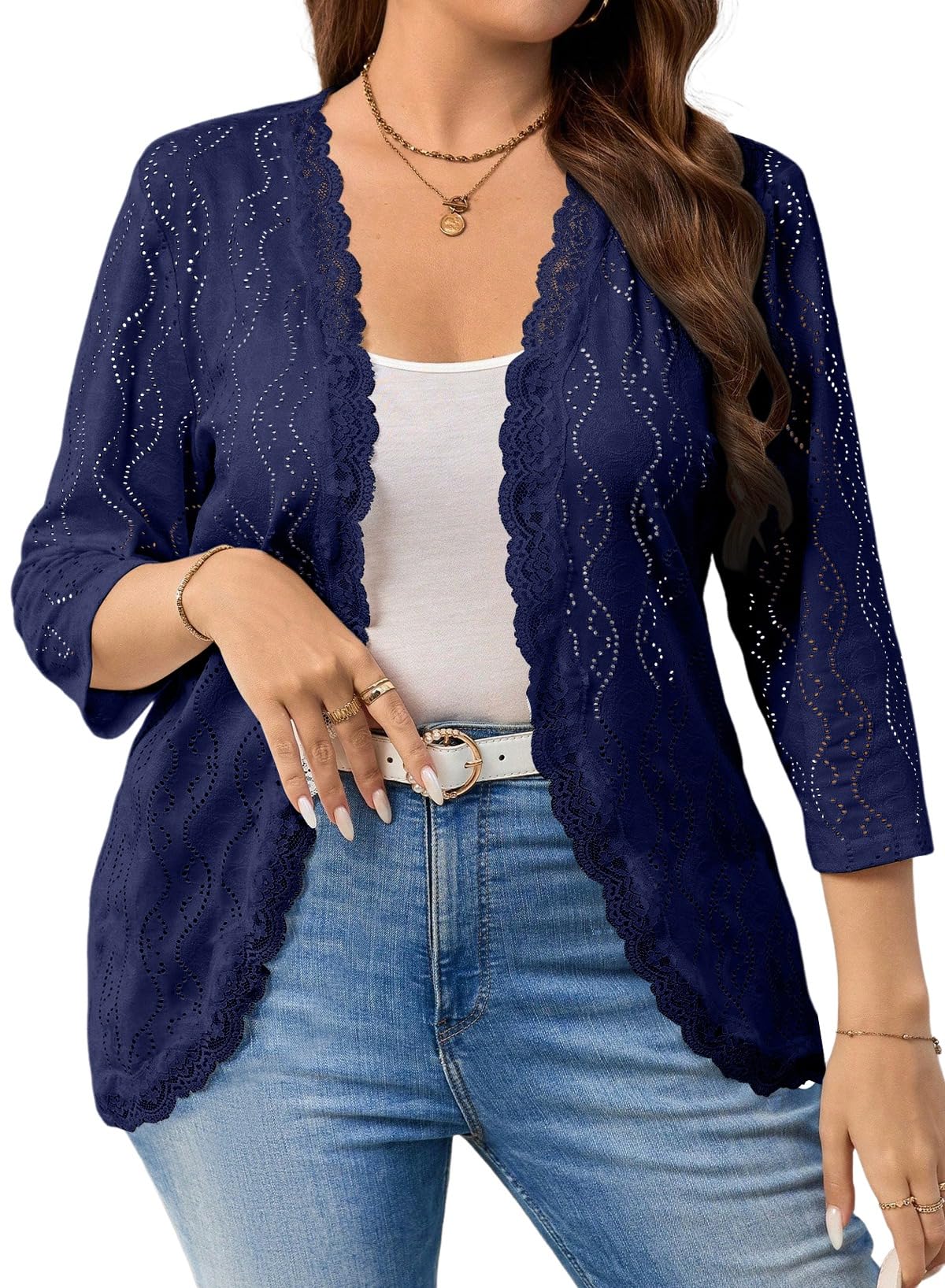 Eytino Plus Size Cardigan for Women Summer Casual Loose Half Sleeve Knit Jacquard Fashion Lace Open Front Tops