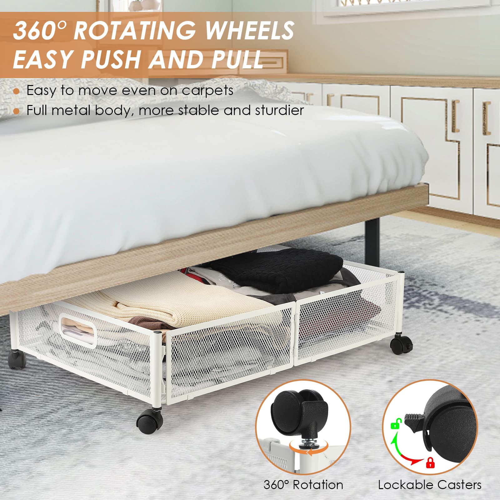 Opbergruimte Onder Het Bed met Wielen Opvouwbaar Zware Metalen Schoenenopberger voor Onder Het Bed Opbergcontainers Onder Het Bed Rollades voor Deken, Kleding, Speelgoed, Boek(Wit-1 st Opbergruimte Onder Het Bed met Wielen Opvouwbaar Zware Metalen Schoenenopberger voor Onder Het Bed Opbergcontainers Onder Het Bed Rollades voor Deken, Kleding, Speelgoed, Boek(Wit-1 st