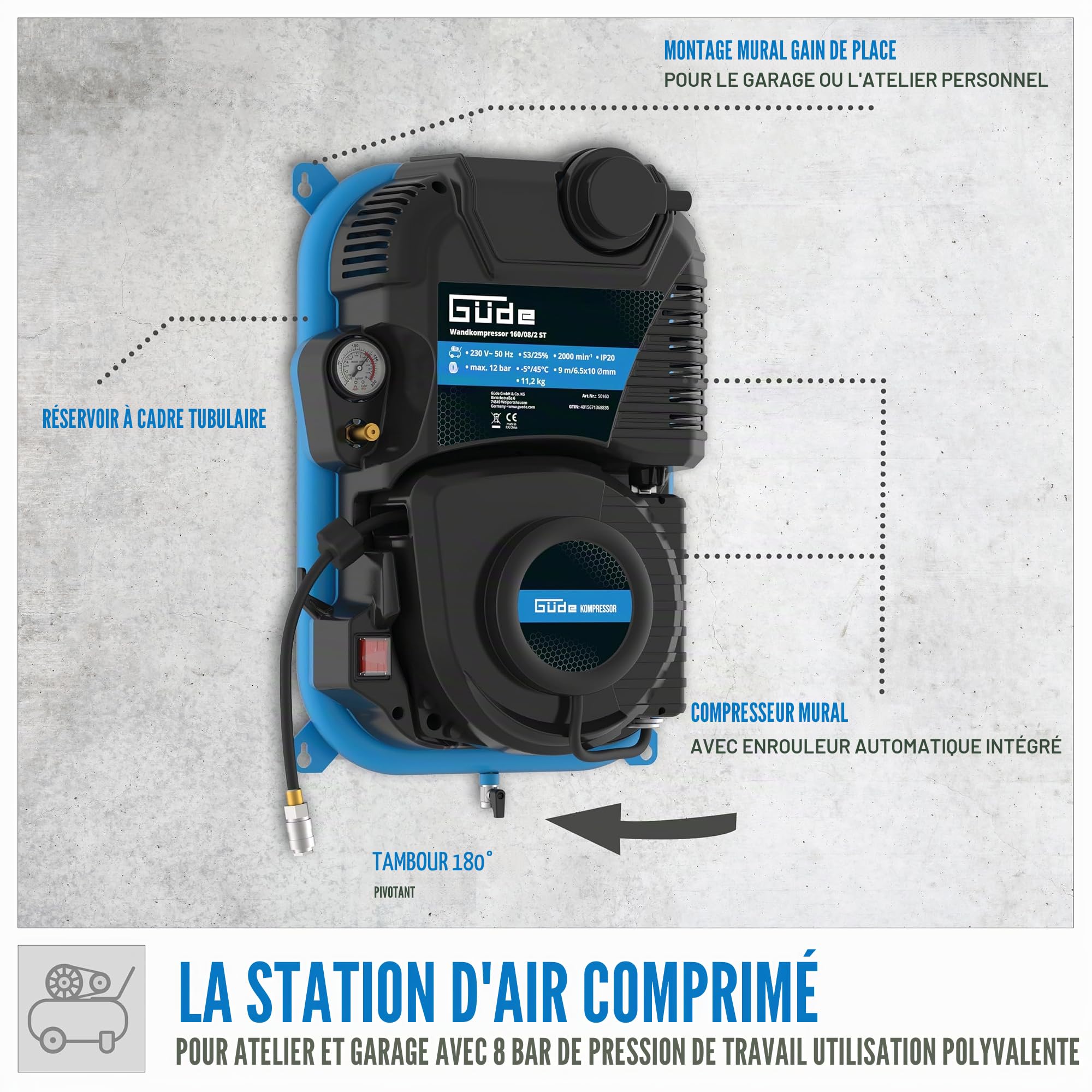 Güde Compresseur mural 160/08/2 ST (1100 W/230 V, max. 8 bar, 90 l/min eff. Quantité livrée, sans huile, montage mural peu encombrant, enrouleur automatique pivotant à 180° intégré, tuyau à air