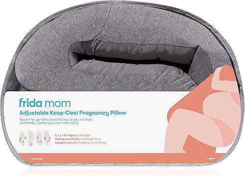 Frida Mom Almohada de embarazo ajustable Keep-Cool | Soporte para vientre, caderas + piernas para mujeres embarazadas, transpirable + tela gris