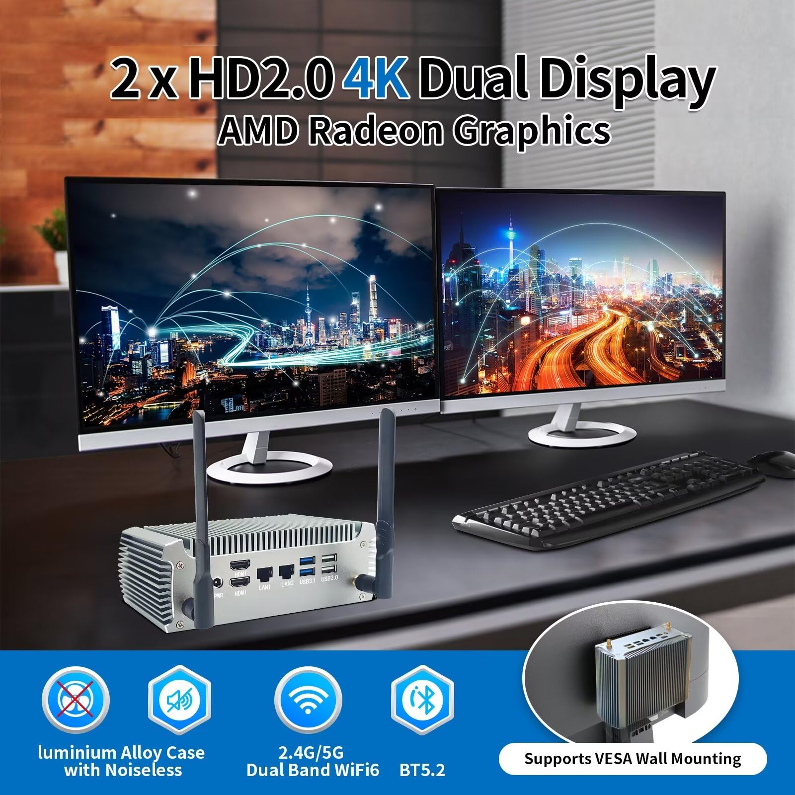 SJRC Mini PC Fanless AMD Ryzen R7 7730U 8 Cores 16 Threads, Oficina Pequeña Industrial Ordenador De Sobremesa, WiFi6 BT5.2, 4K Dual Display, Barebone, NO RAM NO Storage NO System