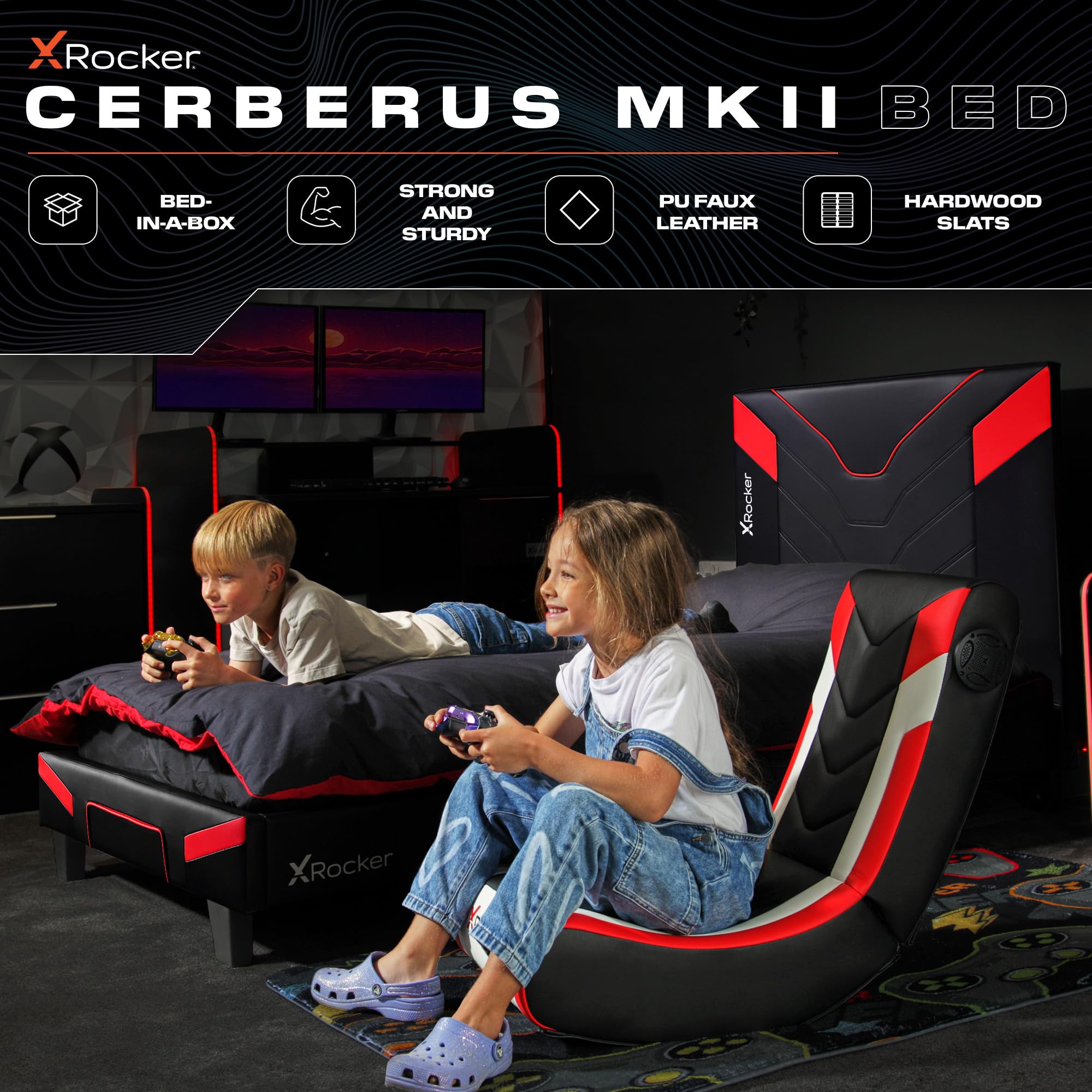 X-Rocker Cerberus MKII - Marco de cama individual tapizado para juegos, paquete plano para un fácil montaje, comodidad transpirable, listones de madera, piel sintética fácil de limpiar, para niños y
