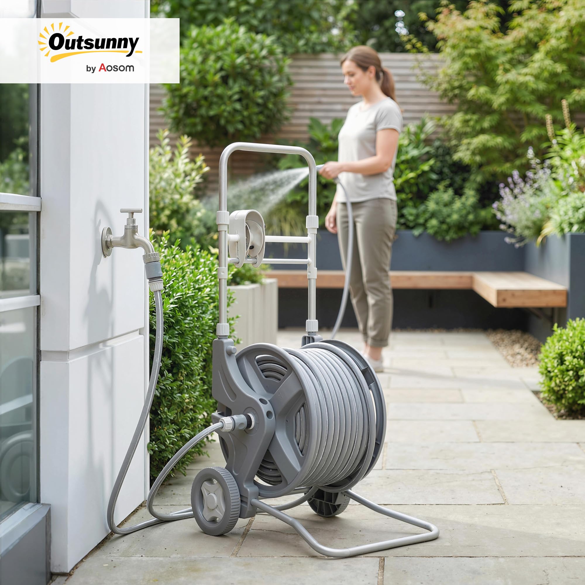 Outsunny Schlauchwagen 45 m mit 2 Sprühfunktionen 45 x 44 x 78 cm Grau | Kurbel, Schlauchführung, Wasserhahnadapter, Gartenschlauchwagen, Schlauchtrommel Schlauchabroller, für Garten Balkon