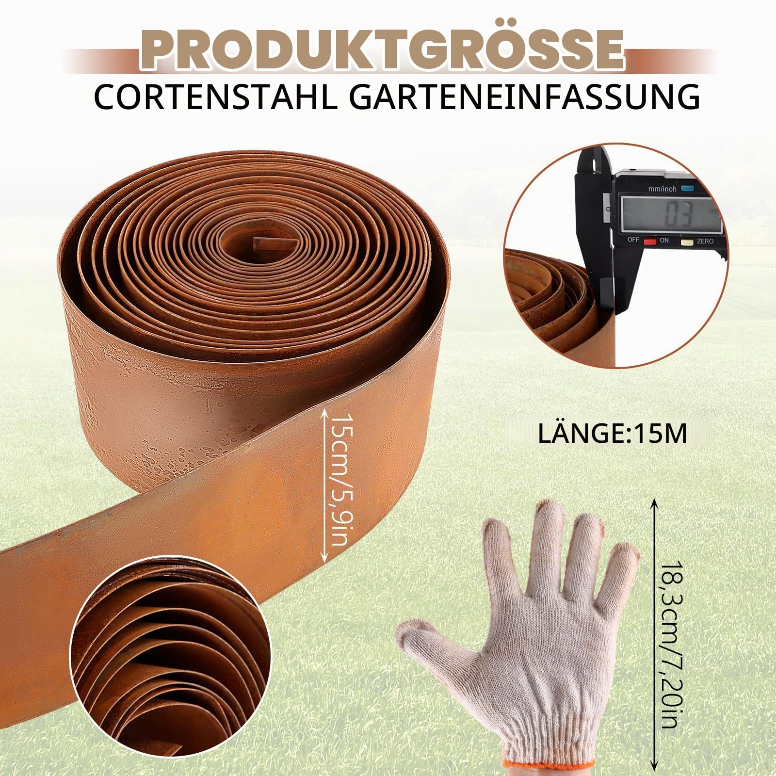 DAJAVE Rasenkante Metall 15M x 15CM, Beeteinfassung Verzinkt aus Stahlblech, 0.3mm Flexible Beetumrandung Rolle, Rasenbegrenzung für Garten inklusive Handschuhen & Box