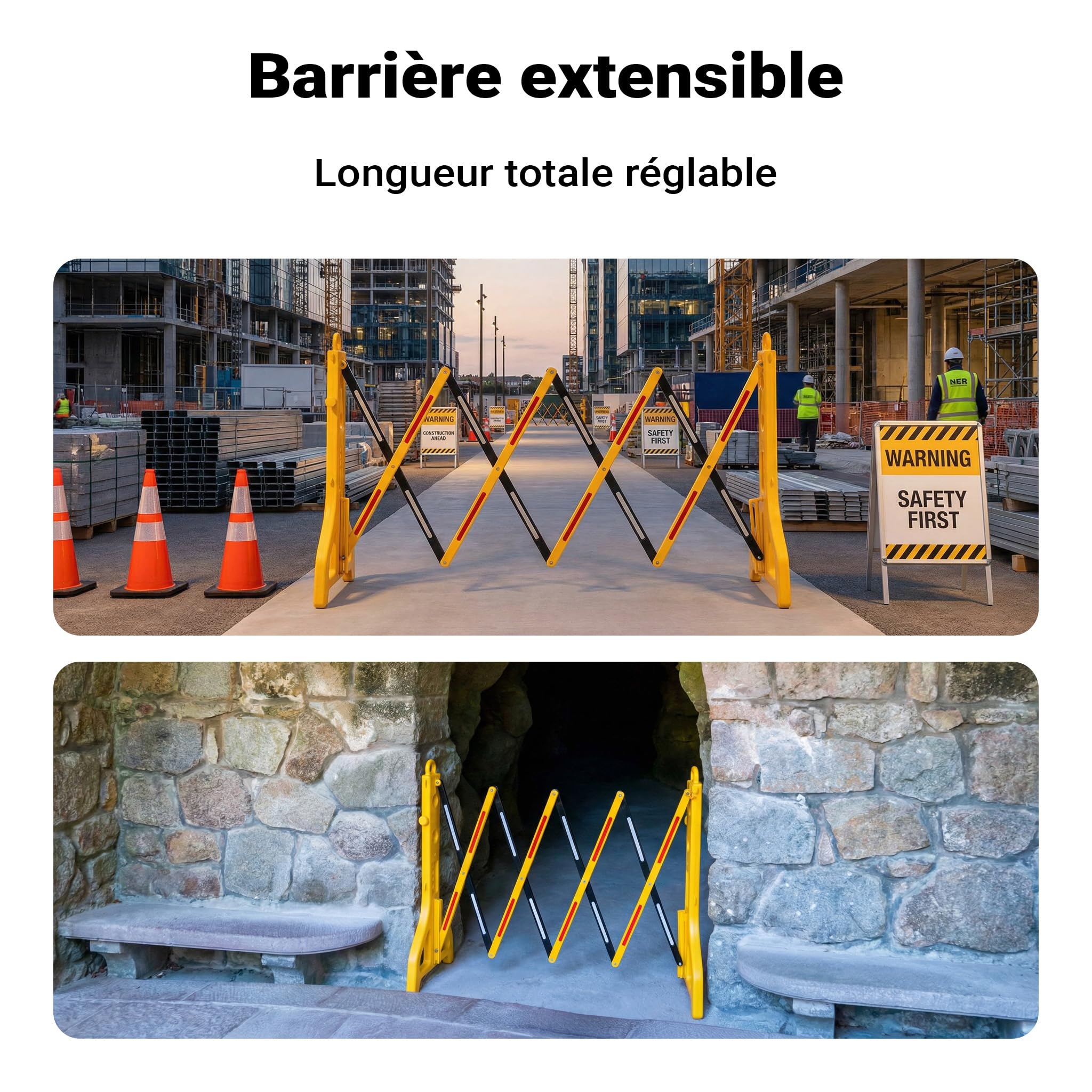 Wiltec Barrière extensible 250 cm en plastique, barrière à ciseaux avec bande réfléchissante, remplissable et pliable