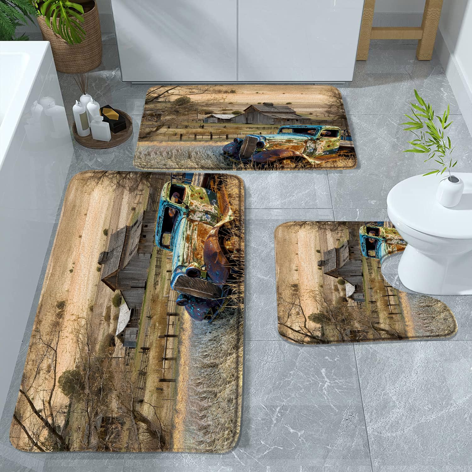 QWRSMYX 3 Pcs Farmhouse Vintage Old Truck Bath Mat Set Rustic Wooden Barn Vintage American Classic Antique Car Farm Truck Bathroom Rugs Bedroom
