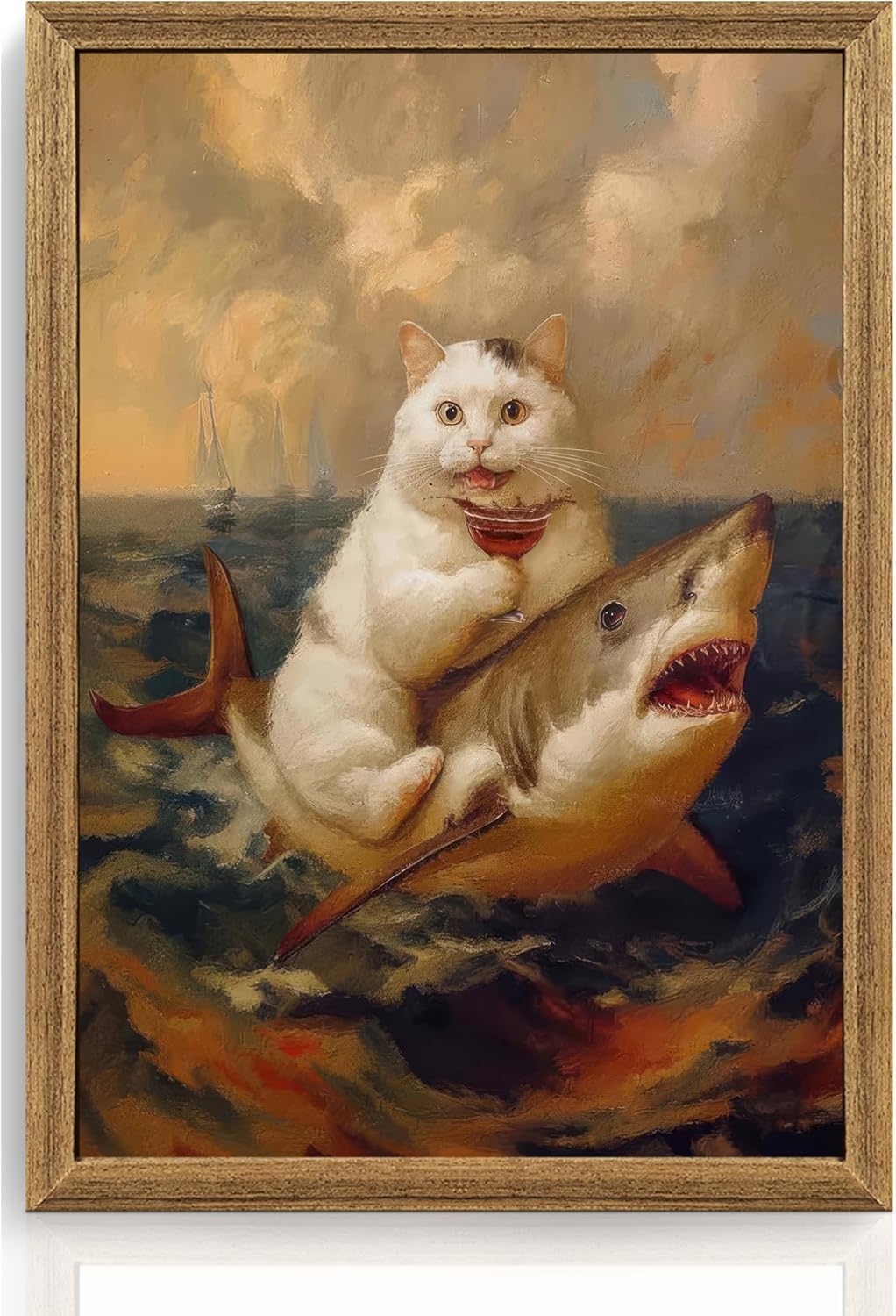 ICHZUMW Funny Cat Riding Shark Canvas Wall Art Framed, Quirky White Cat Portrait Picture Print, Humorous Unique Whimsical Animal Painting Wall Decor for Bathroom Restroom Living Room Bedroom, 16x24in