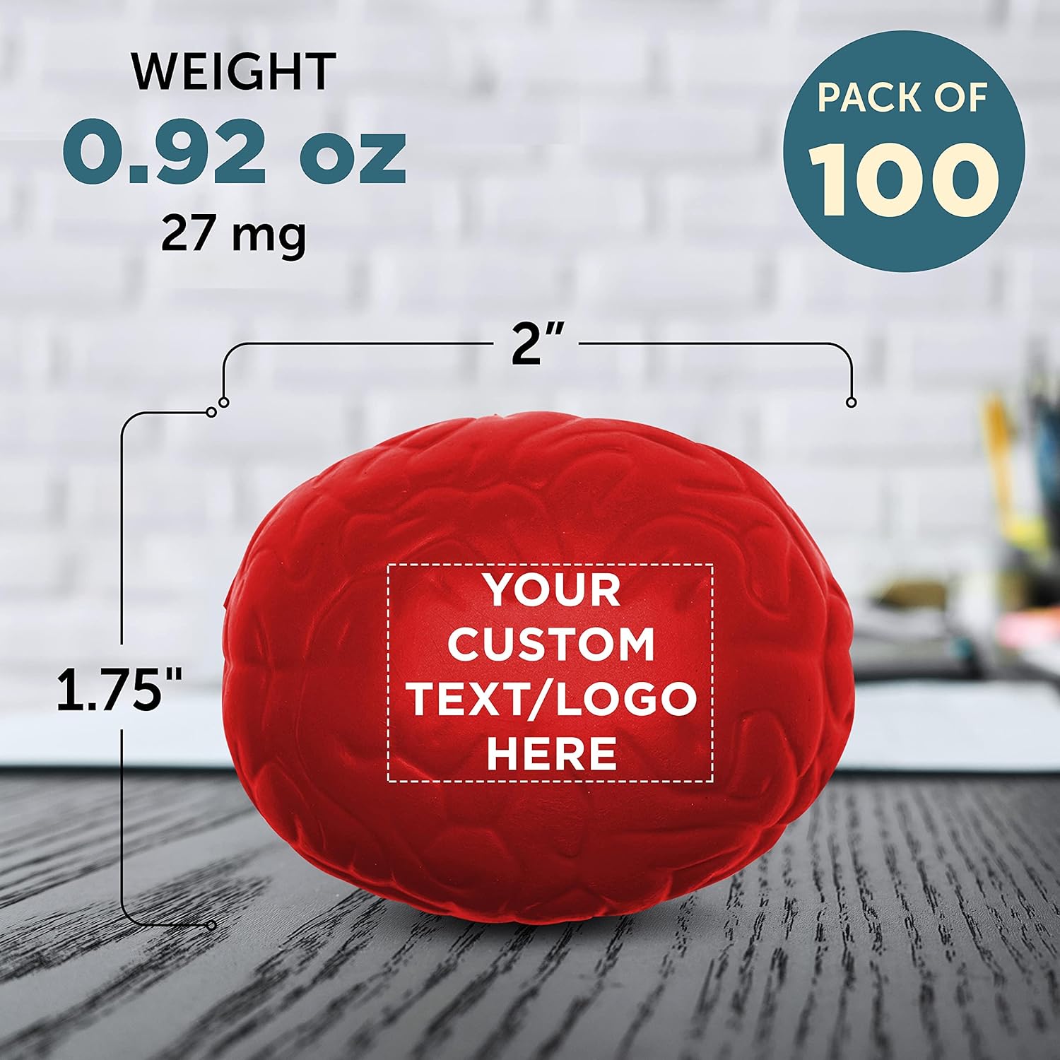 Custom Brain Squeeze Balls Set of 100, Personalized Bulk Pack - Stress Relief, Perfect for Your Desk, Office or Home - Red