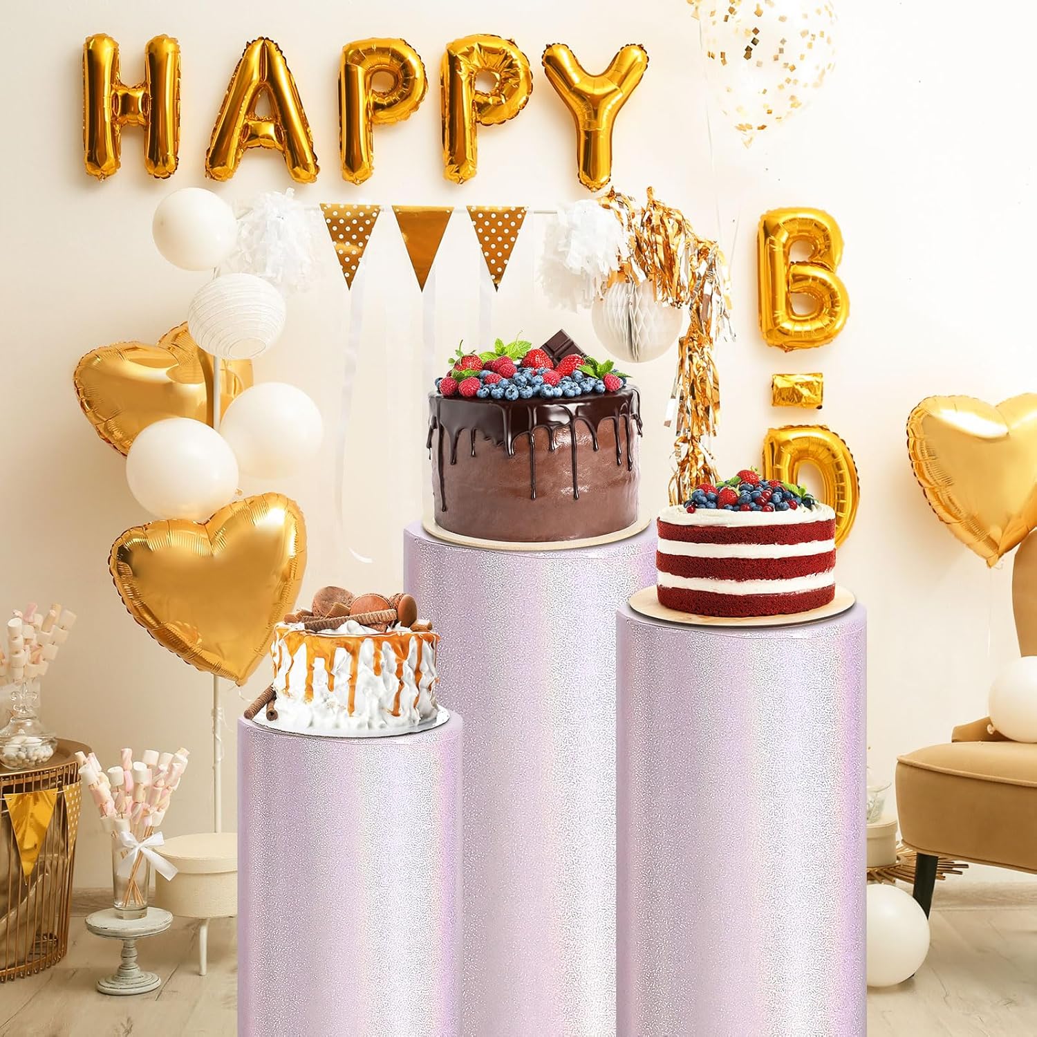 uxcell Set of 3 Light Pink Cylinder Spandex Stand Covers, Plinth Stand Glitters Cover for Party Wedding Birthday Decor - Only Contains Cylinder Covers (Laser Reflective Fabric - Large)