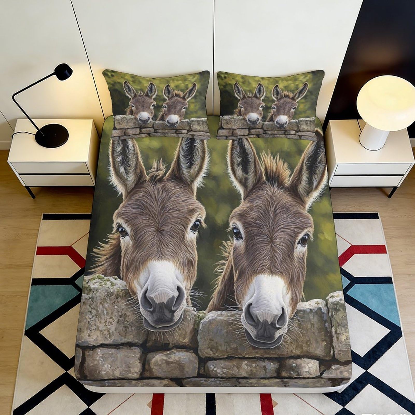 3D Printed Donkey Fence Fitted Sheet Microfiber Anti-Slip Easy Care Farm Animal Mattress Cover for Bedroom Decor 90x200x25cm