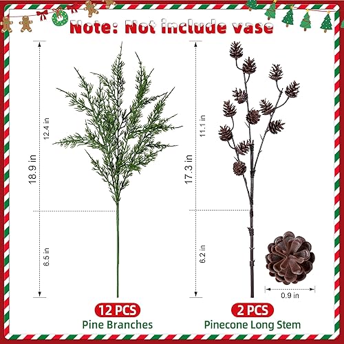 Miniatura 5 de Tallos de cedro artificiales Ivydale, ramas de pino Norfolk artificiales para decoración de Navidad, 12 tallos de pino falsos con 2 ramas de conos