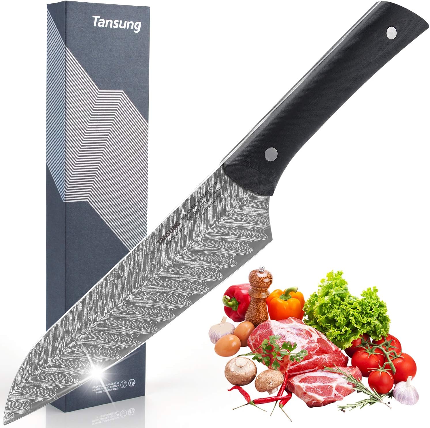 TANSUNG Kitchen Knife, Chef Knife 8 Inch Chef's Knife Ultra Sharp Cooking Knife with Ergonomic G10 Handle 2mm Din. 1.4116 Stainless Steel Blade Versatile Knife Multifunctional for Home Restaurant