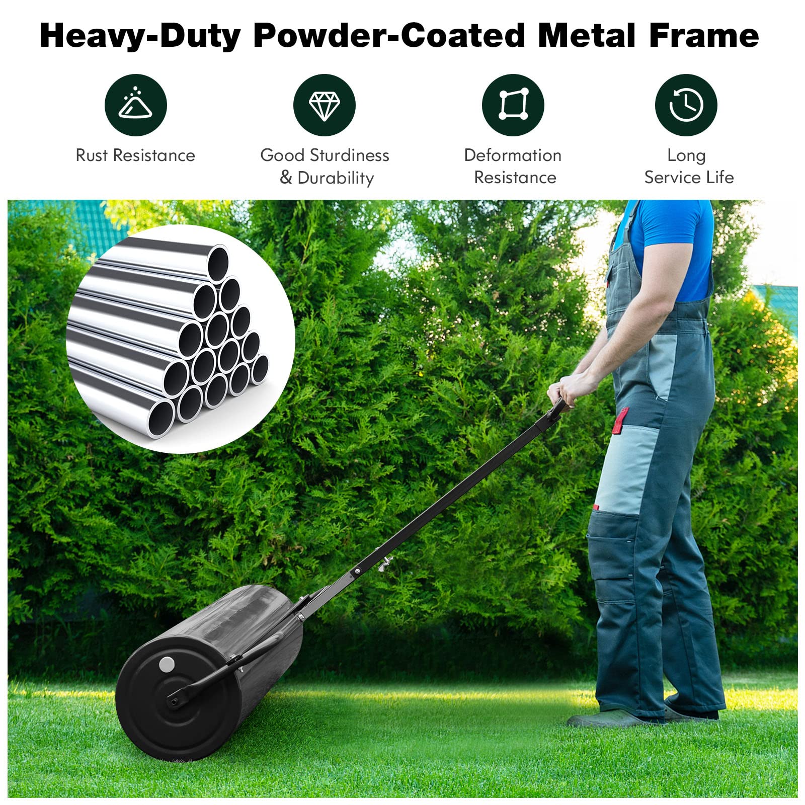 Rodillo para césped de jardín de 48L/60L/63L, Herramienta de Empuje de Gran Capacidad para césped, Tambor Resistente y desagüe extraíble, se Puede llenar con Agua o Arena, Acero galvanizado
