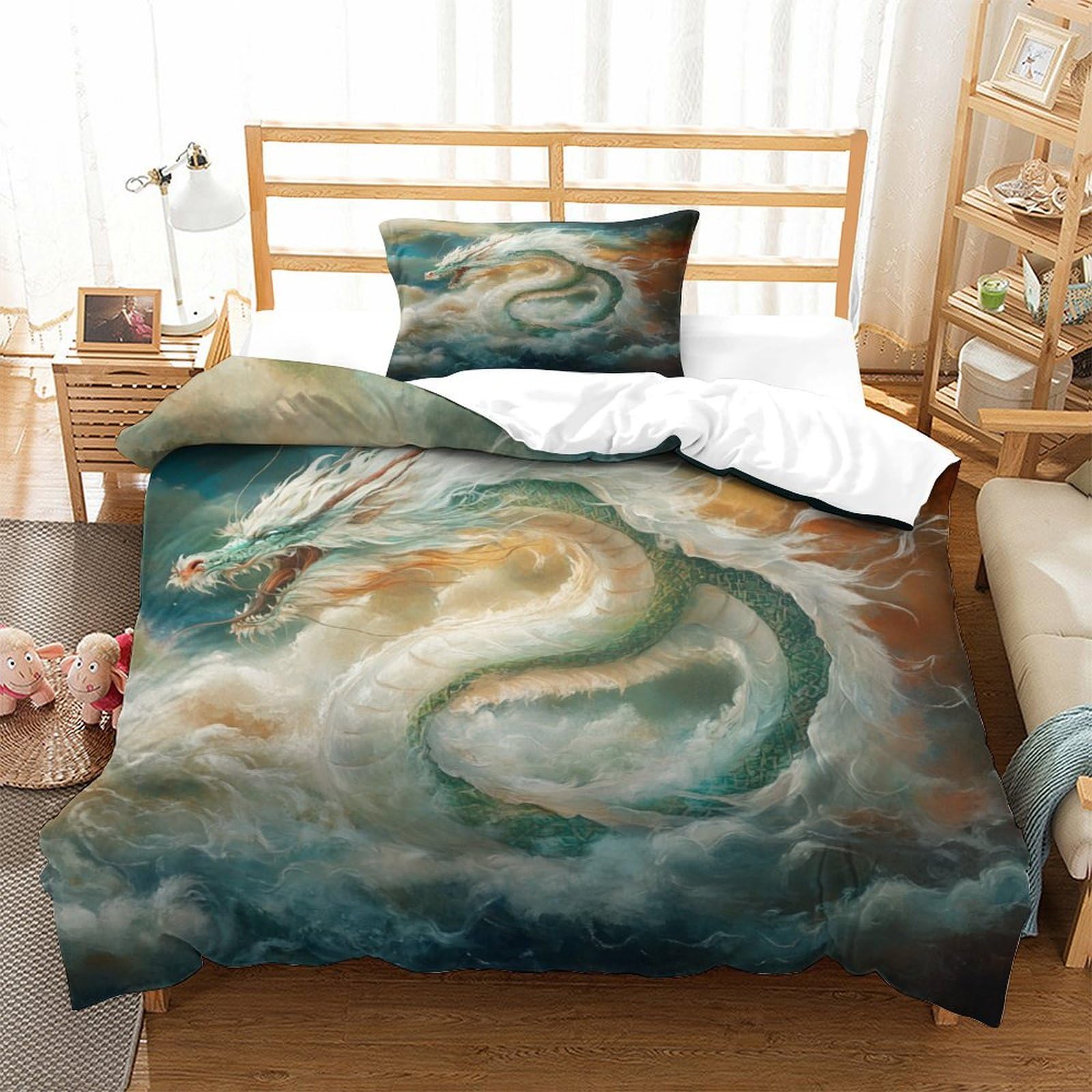 P1s9u7w5y Dragon-1 3D Printed Cloud Dragon Duvet Cover Set 3Pcs Microfiber Oriental Dragon Bedding Set Single（135X200cm）