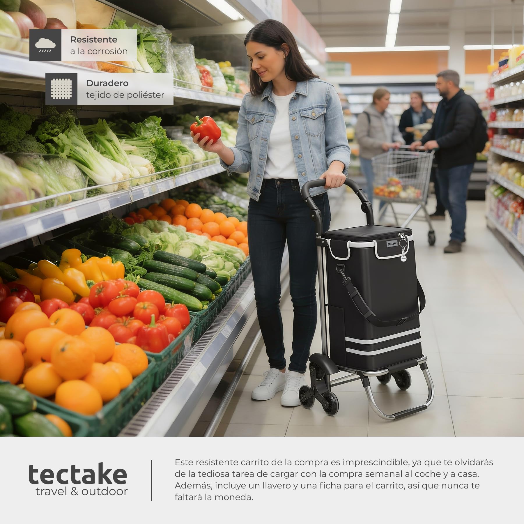 tectake® Carro de la Compra Plegable con Bolsa Termica, Carrito Compra 3 en 1 con 6 Ruedas, Capacidad 56L, Carro Plegable con Ruedas de Estrella para Supermercado y Viajes - Negro