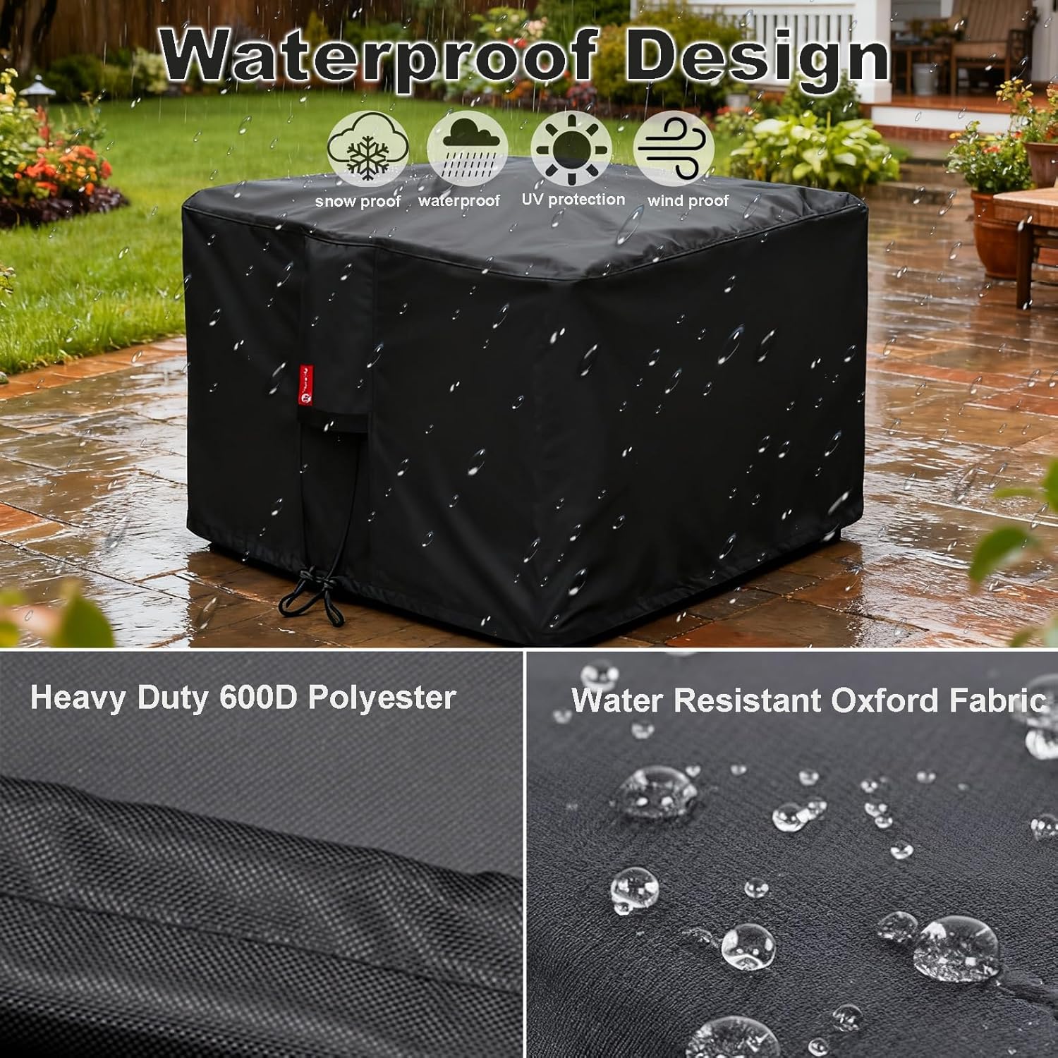 SheeChung Gas Fire Pit Cover Square-Premium Patio Outdoor Cover Heavy Duty Fabric with PVC Coating,100% Waterproof,Anti-Crack,Fits for 29”,30",31",32" Fire Pit/Table Cover (32”L x 32”W x 24”H,Black) - Image 3