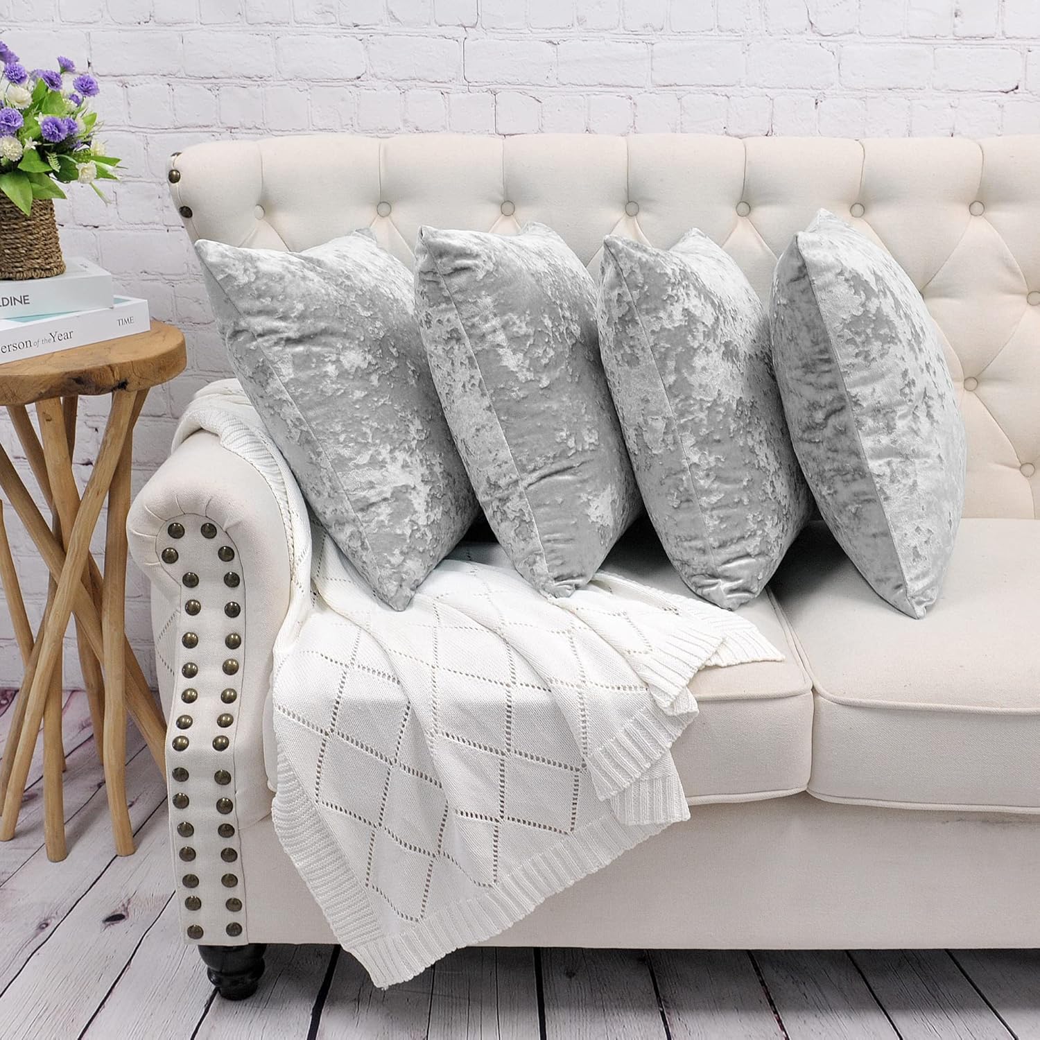 Abstract Velvet Decorative Square Throw Pillow Covers 20 x 20 Inches Set of 4, Soft Shiny Luxury Cushion Cases Pillowcases Pillowslips for Couch Bed Sofa Car Bedroom Living Room, Silver Gray