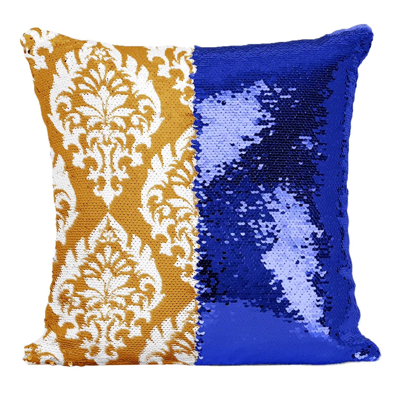 Coussin paillettes bleu motif damas orange pour déco rétro