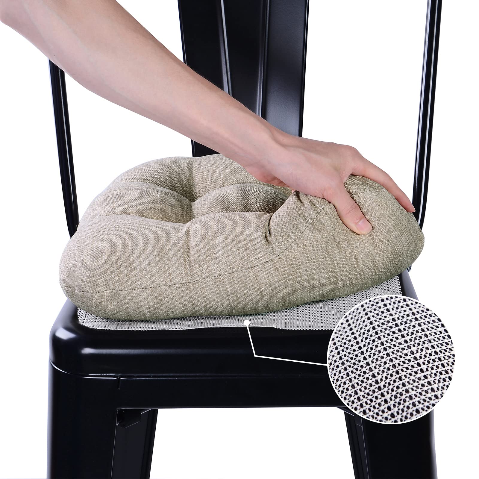 baibu 14×14 Metal Dining Chair Pads with Ties Set of 2, Super Soft Kitchen Chair Cushions Bar Stool Cushions with Non-Slip Mat - 2 Cushions only (Beige, 14×14×2.5in)