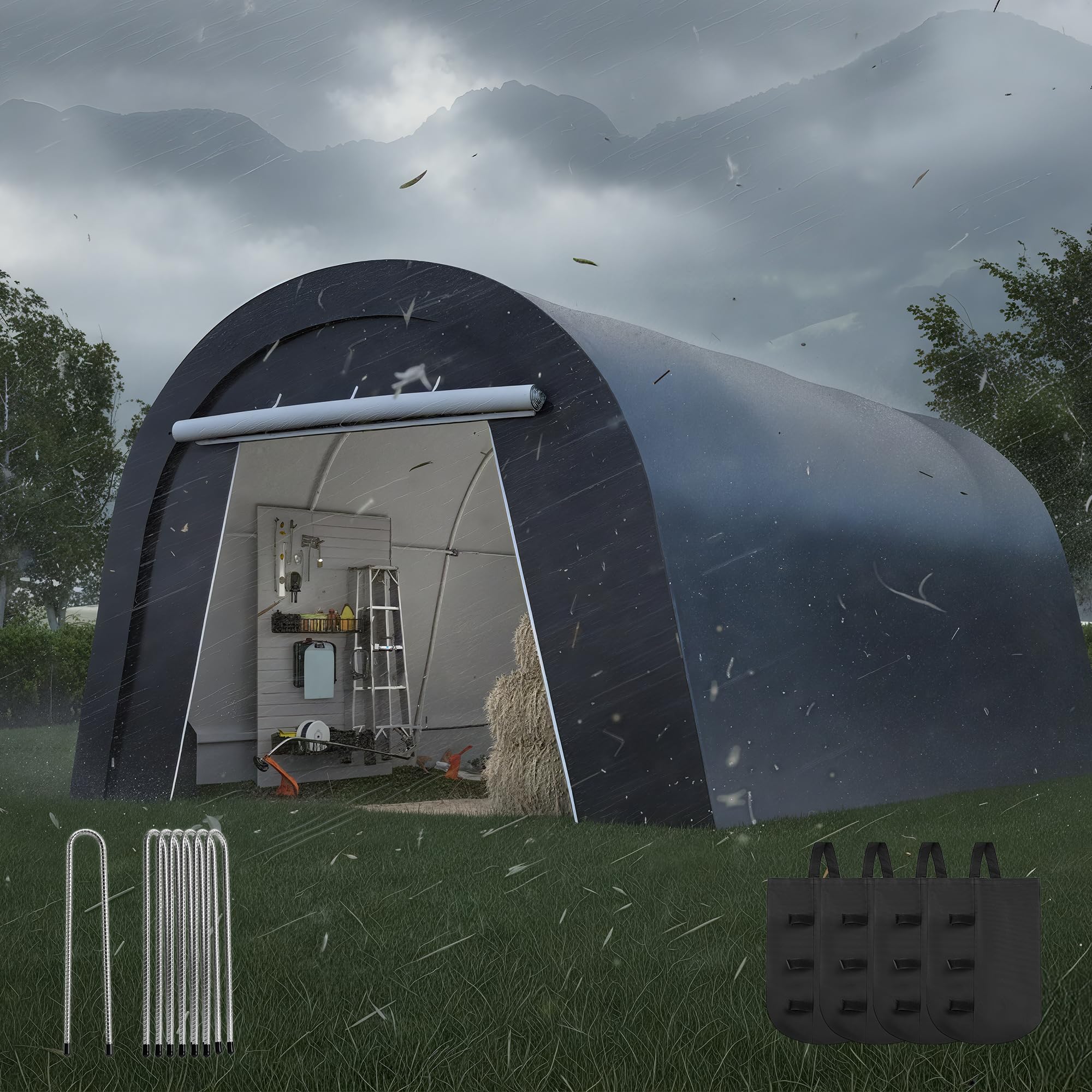 13' x 20' Domed Carport with 4 Cloth Bags, Portable Garage with 2 Roll-up Doors, All-Weather Storage Shelter Shed for Cars, Truck, or Garden Tools