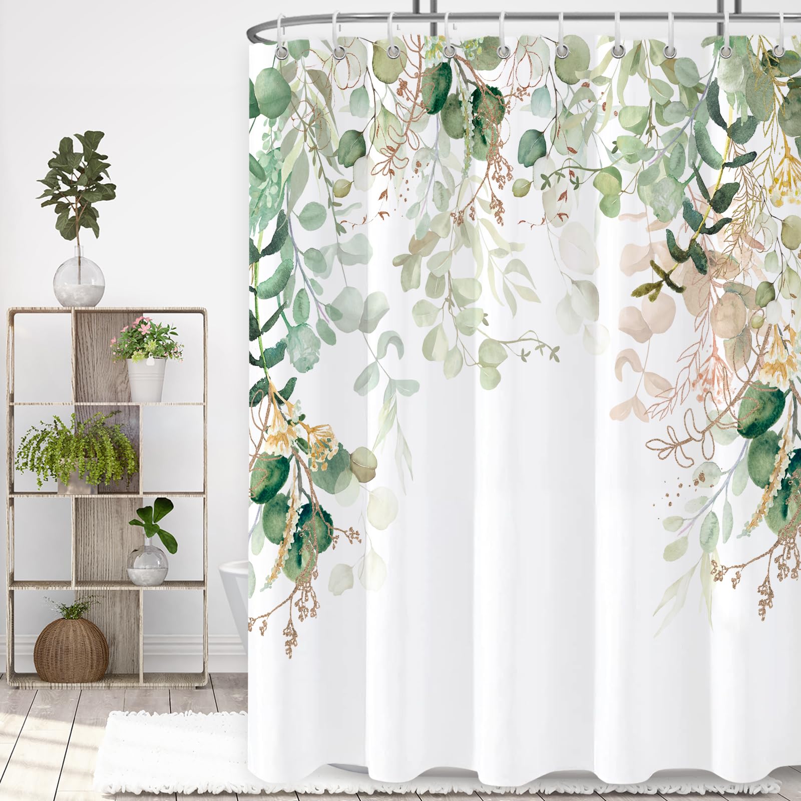 QOQIBU Yellow and Green Plant Shower Curtain for Bathroom, Waterproof Enhanced Shower Curtains with Eucalyptus Leaf Pattern, Floral Watercolor Shower