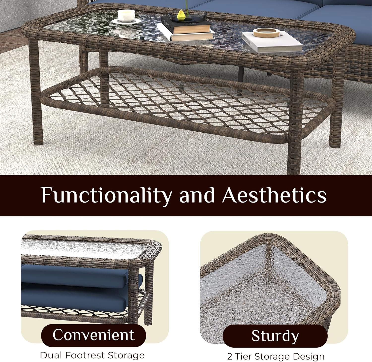 AECOJOY Patio Furniture Set Seats 7 Outdoor Sectional Sofa Couch, Outdoor Couch and High Back Swivel Rocker Patio Chairs with Ottoman, 6PCS Wicker Conversation Set for Deck Yard Poolside (Dark Blue)